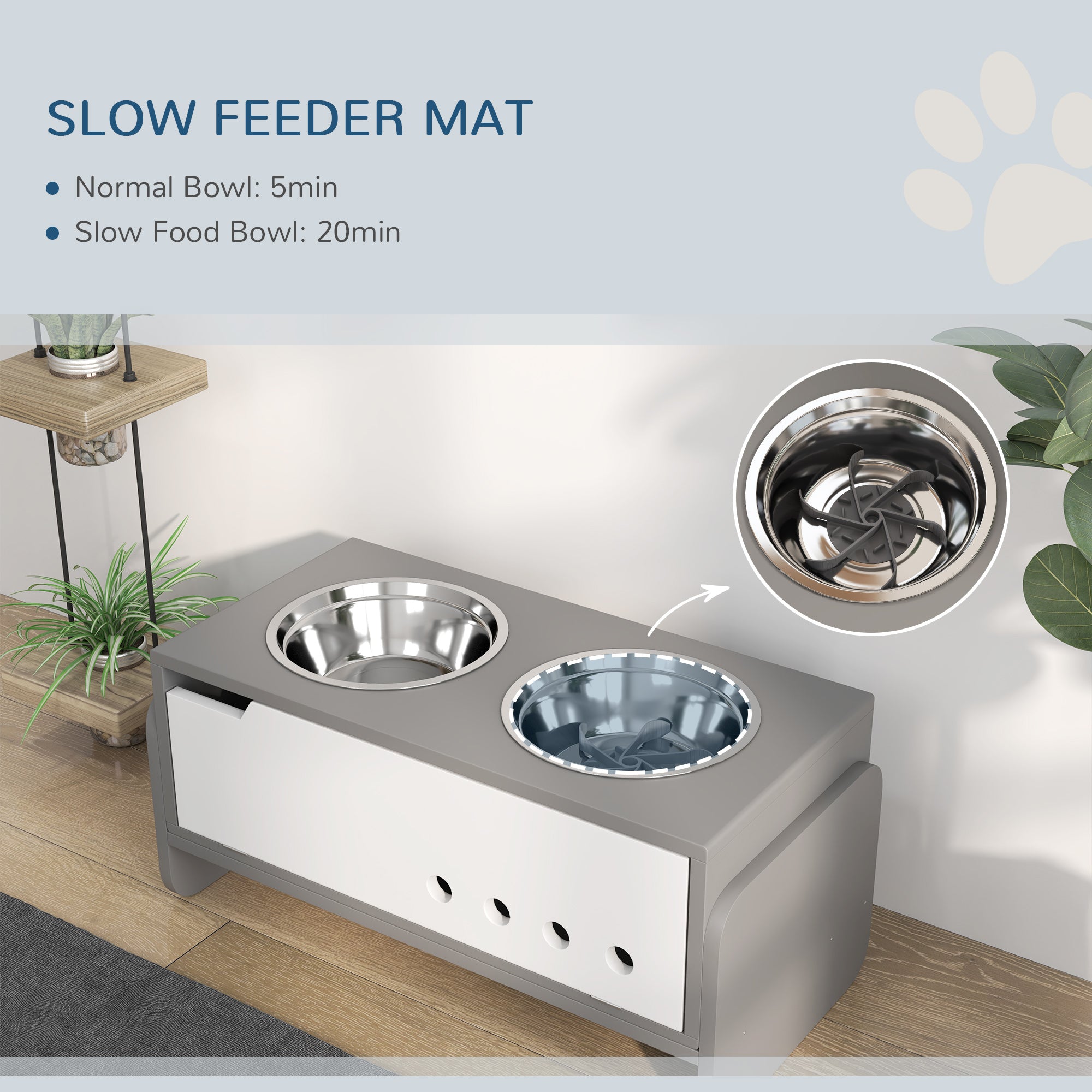 3 Height Adjustable Raised Dog Bowls, Dog Feeding Storage Station w/ Slow Feeder Mat, 2 Stainless Steel Bowls