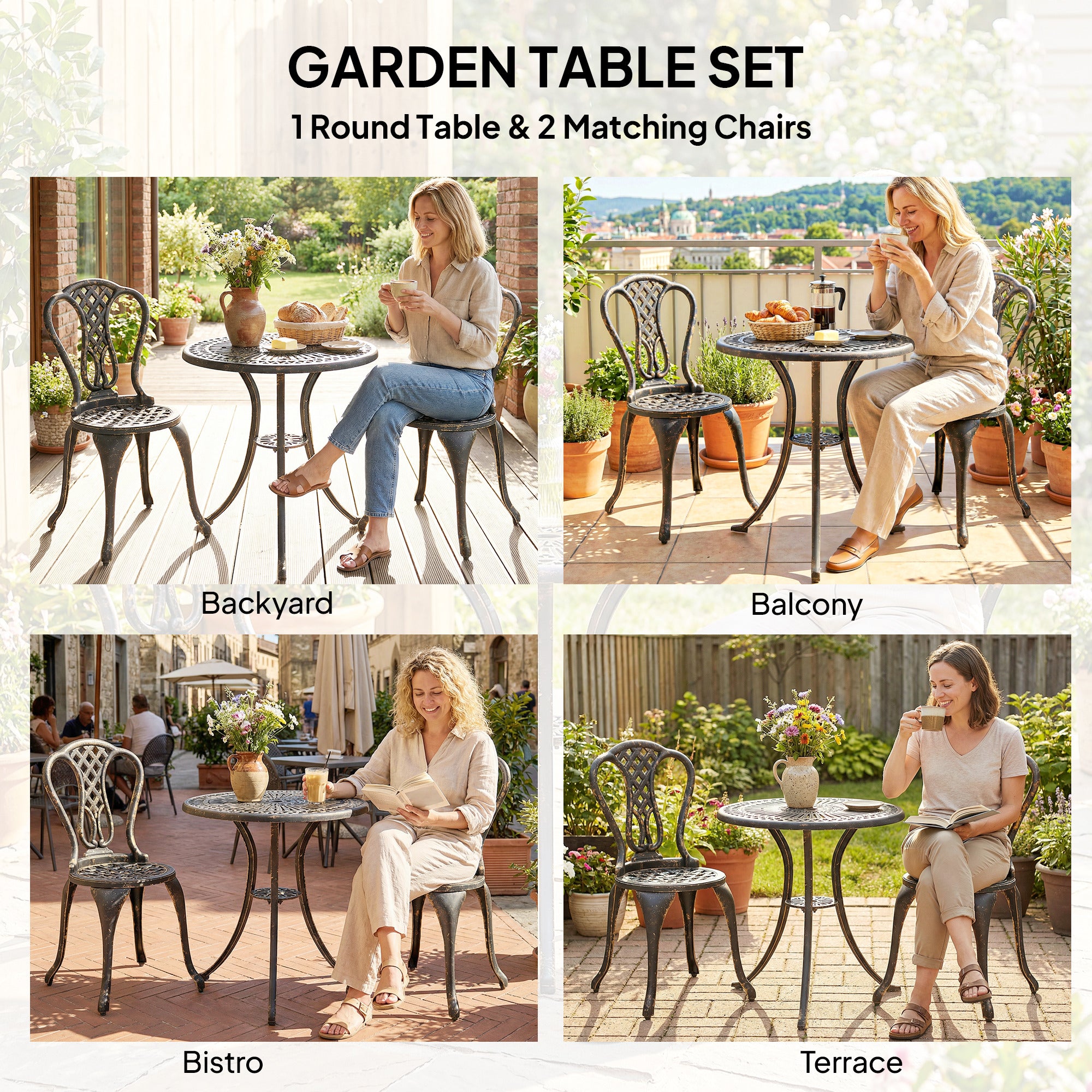 Outdoor Bistro Set for 2 Cast Aluminium Patio Furniture with Round Table Umbrella Hole Brown
