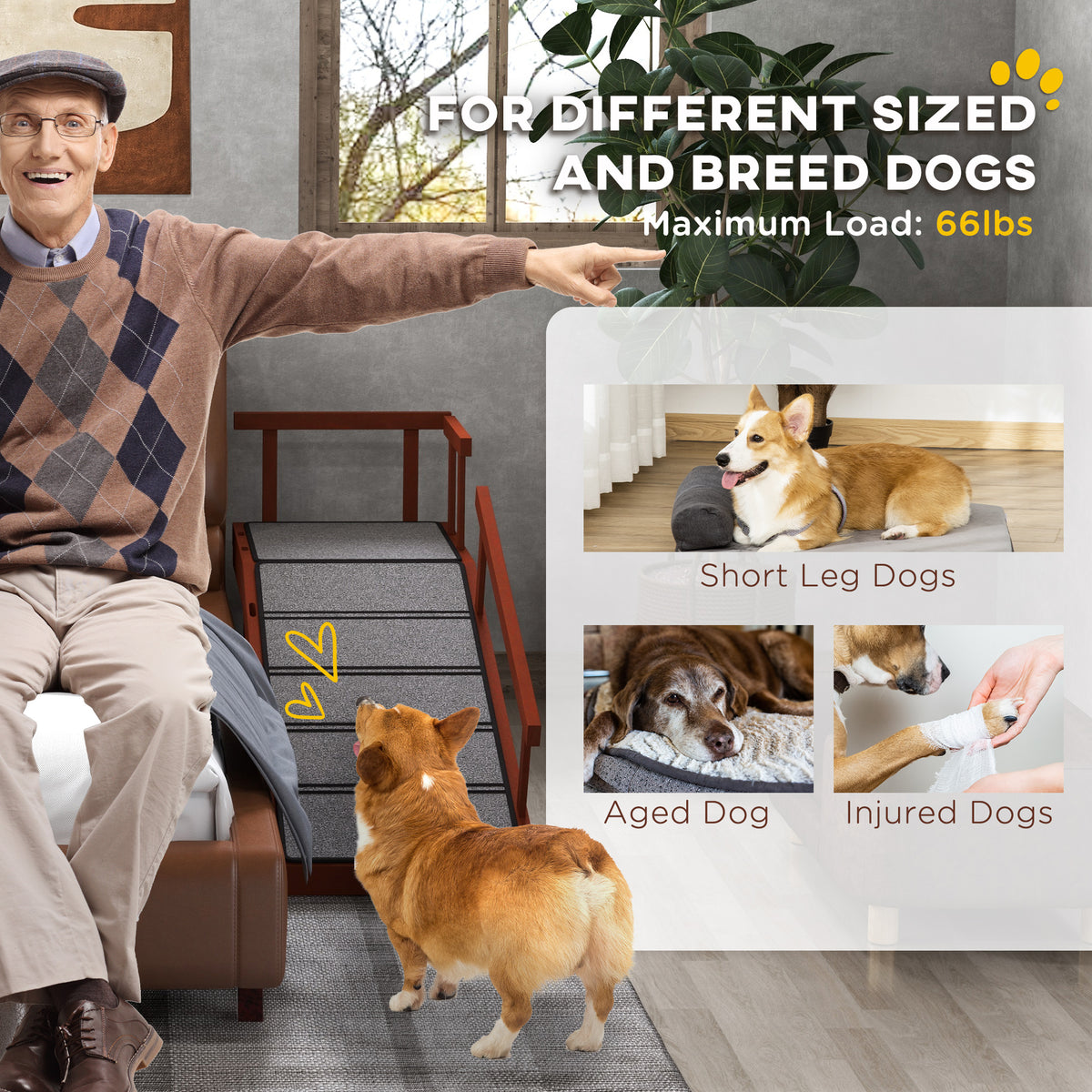 Wooden Dog Ramp with Removable Guardrails, Non-Slip Surface, 125 cm Long, Brown