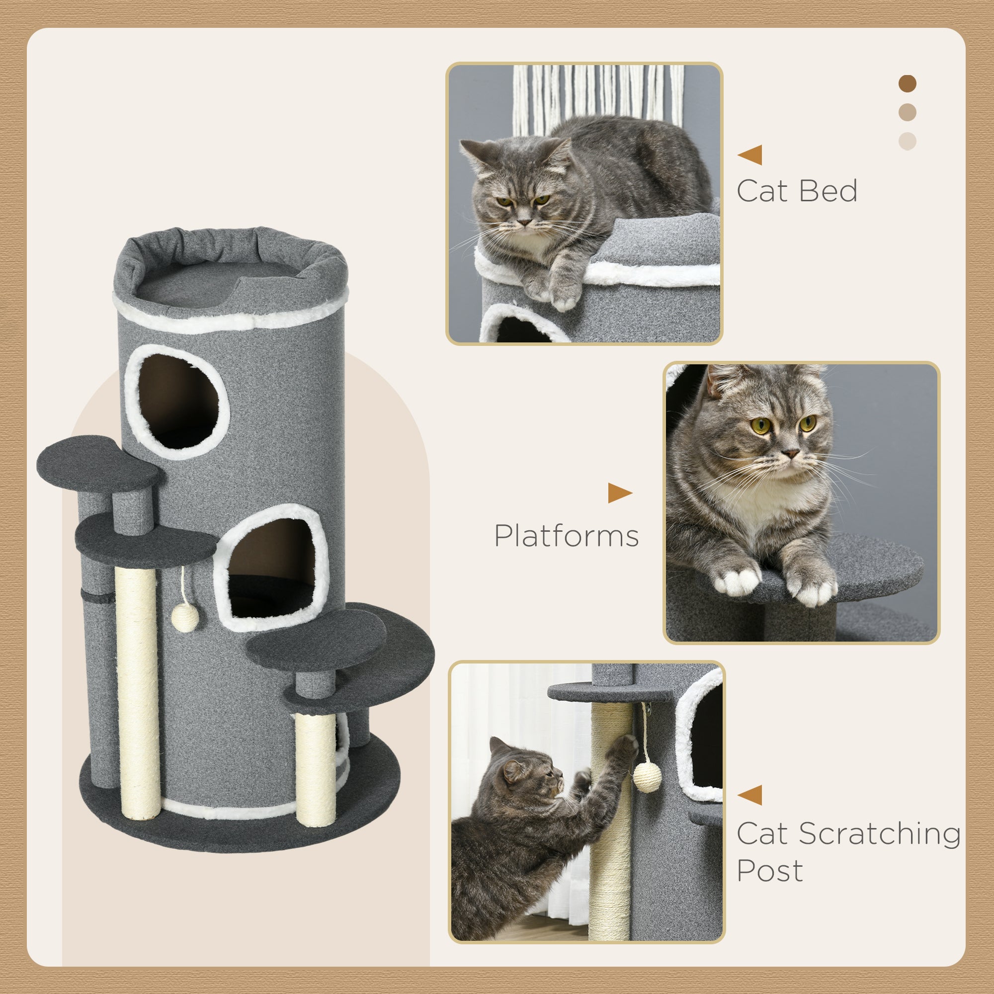 Barrel Shaped Cat Tree with Sisal Scratching Posts, Cat Bed, Platforms, Hanging Ball, Grey, Grey