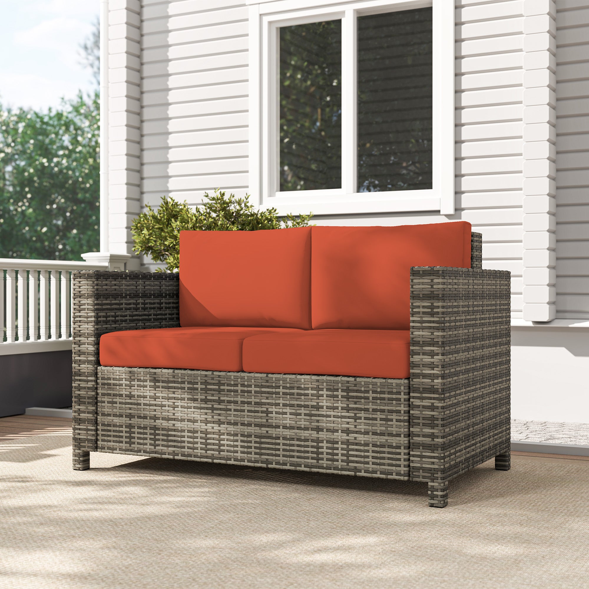 2 Seater Rattan Garden Sofa with Padded Cushions and Armrests - Grey