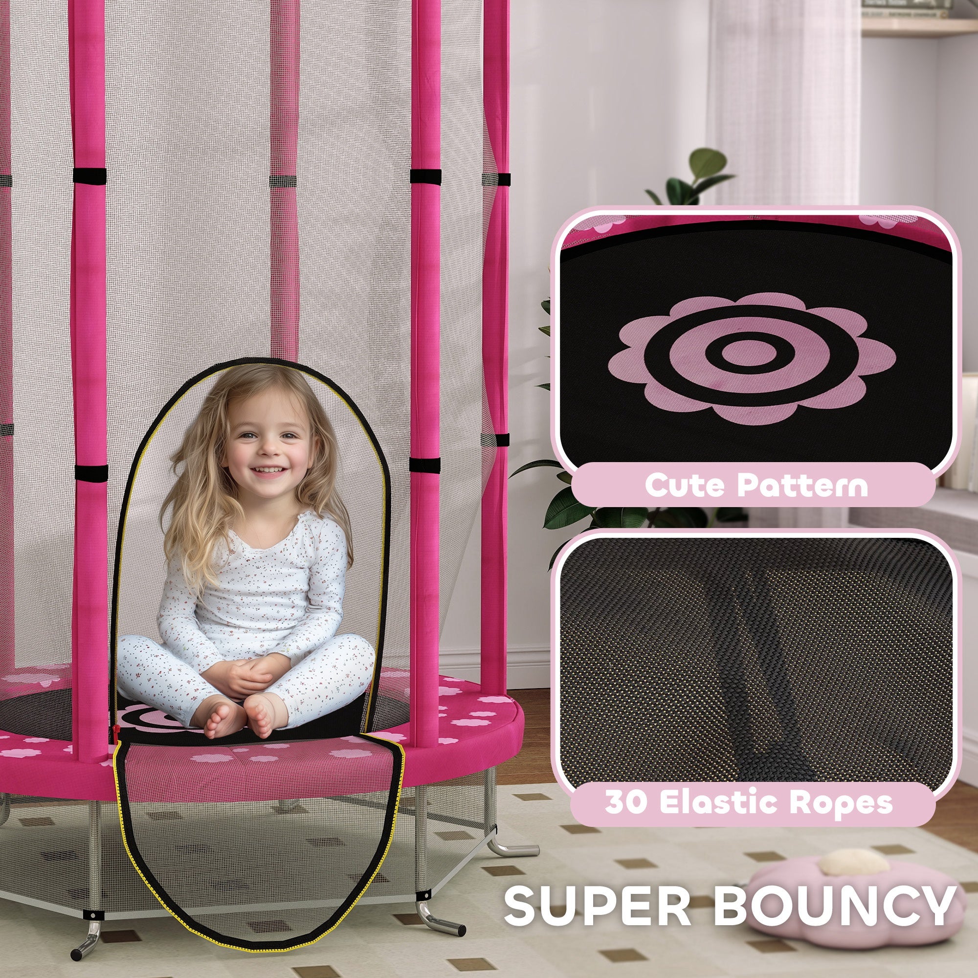 4.6FT Toddler Trampoline w/ Safety Enclosure Net, for Indoor Outdoor Use, Ages 3-6 Years, Sun Pattern - Pink