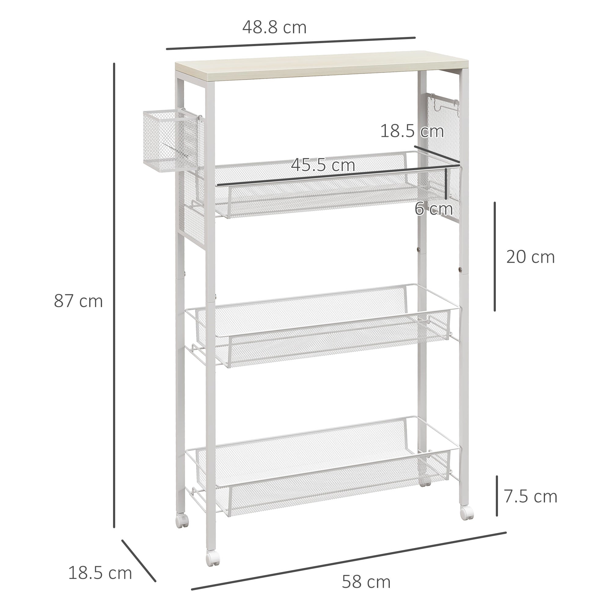 3-Tier Kitchen Cart with 3 Steel Wire Baskets - White