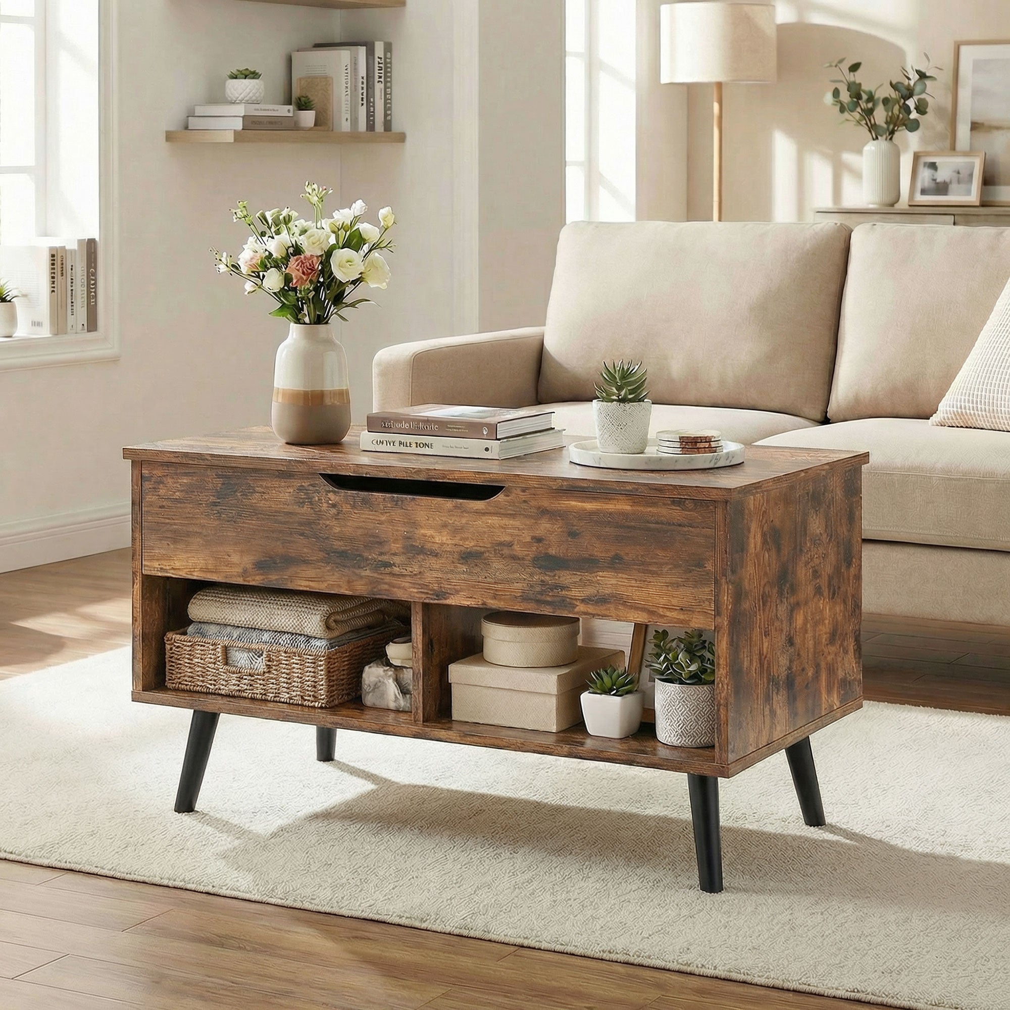 Lift Top Coffee Table with Hidden Storage Living Room Table Metal Legs 75 cm Rustic Brown