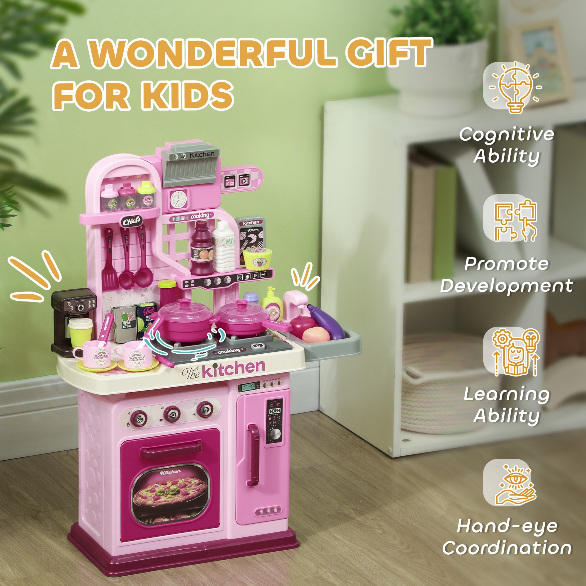 Kids Kitchen with 33 Piece Accessories, Lights, Sounds, Storage, for Children 3-6 Years, Pink