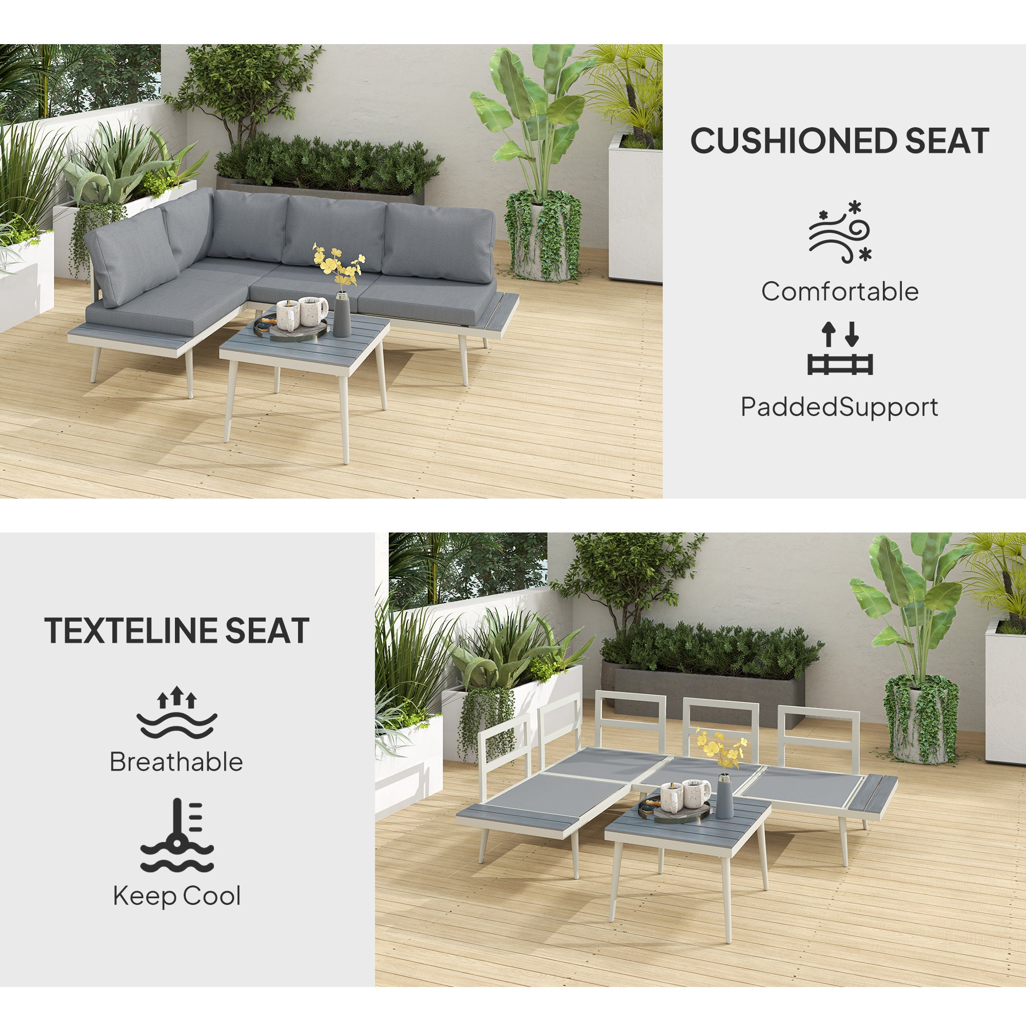 3 Piece Garden Furniture Set with 5-Level Adjustable Lounger, L Shaped Garden Corner Sofa with Cushions, Mesh Seat, Slatted Wood-Grain Table, Outdoor Furniture Set for Conservatory, Grey