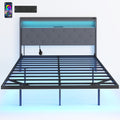Floating Bed Frame, Upholstered 4ft6 Double Size Bed, Platform Bed with RGB LED Lights and Charging Station, Grey