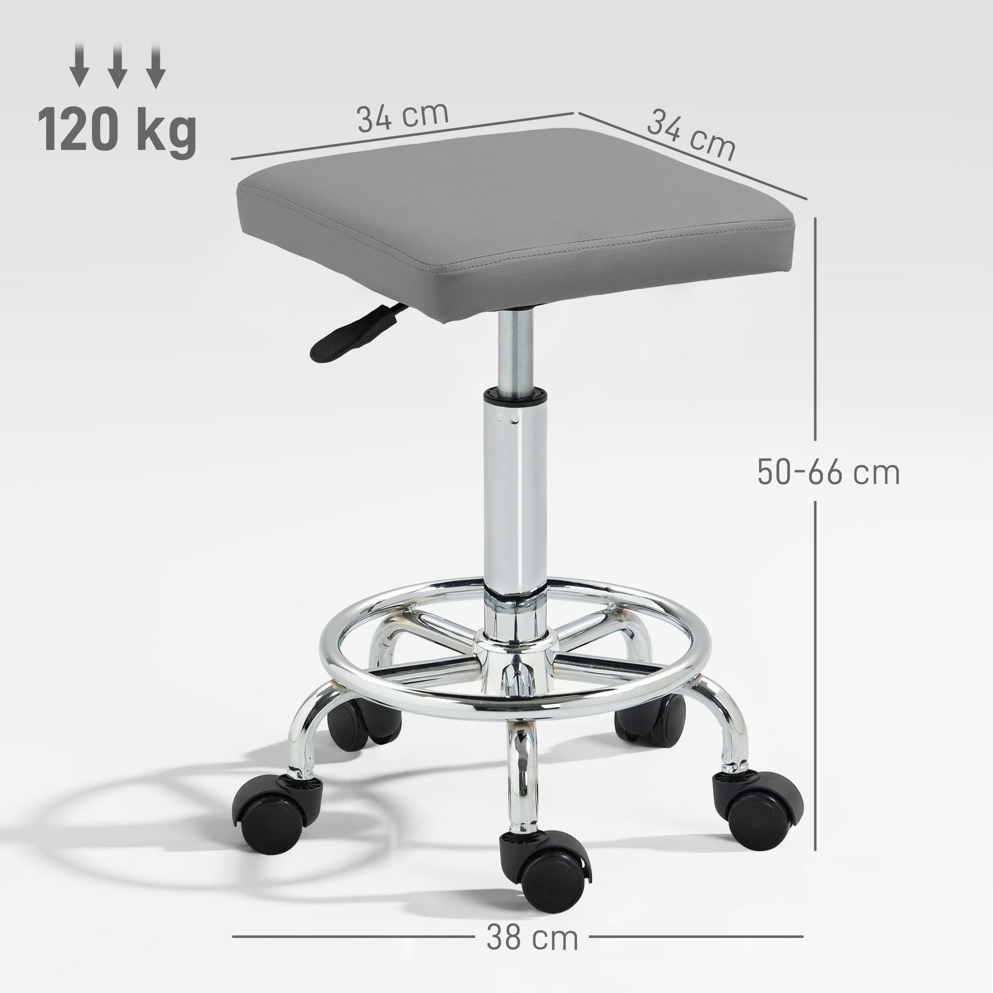 Adjustable PU Leather Rolling Stool with Footrest and Wheels - Grey
