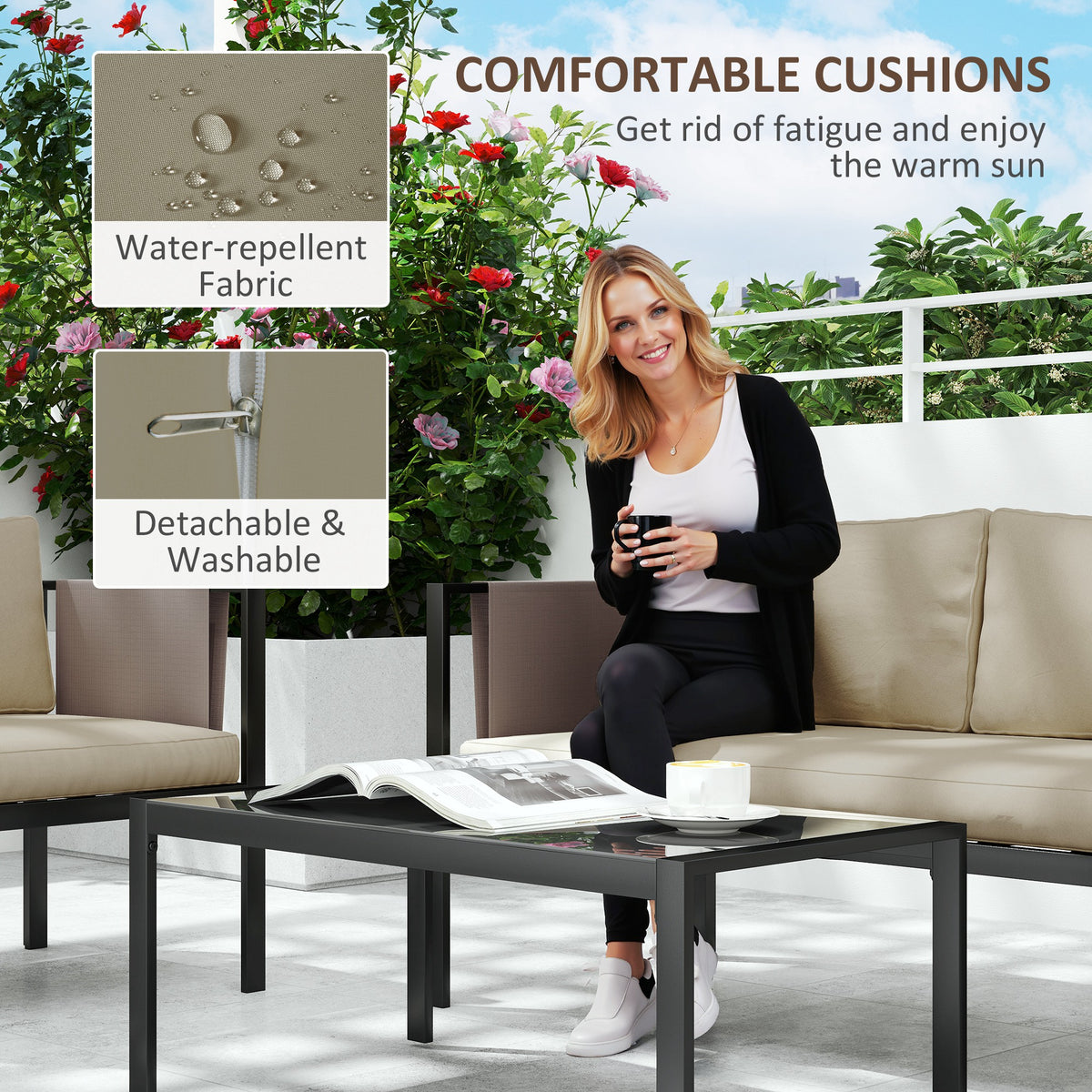 4 Piece Metal Garden Furniture Set with Cushions - Khaki
