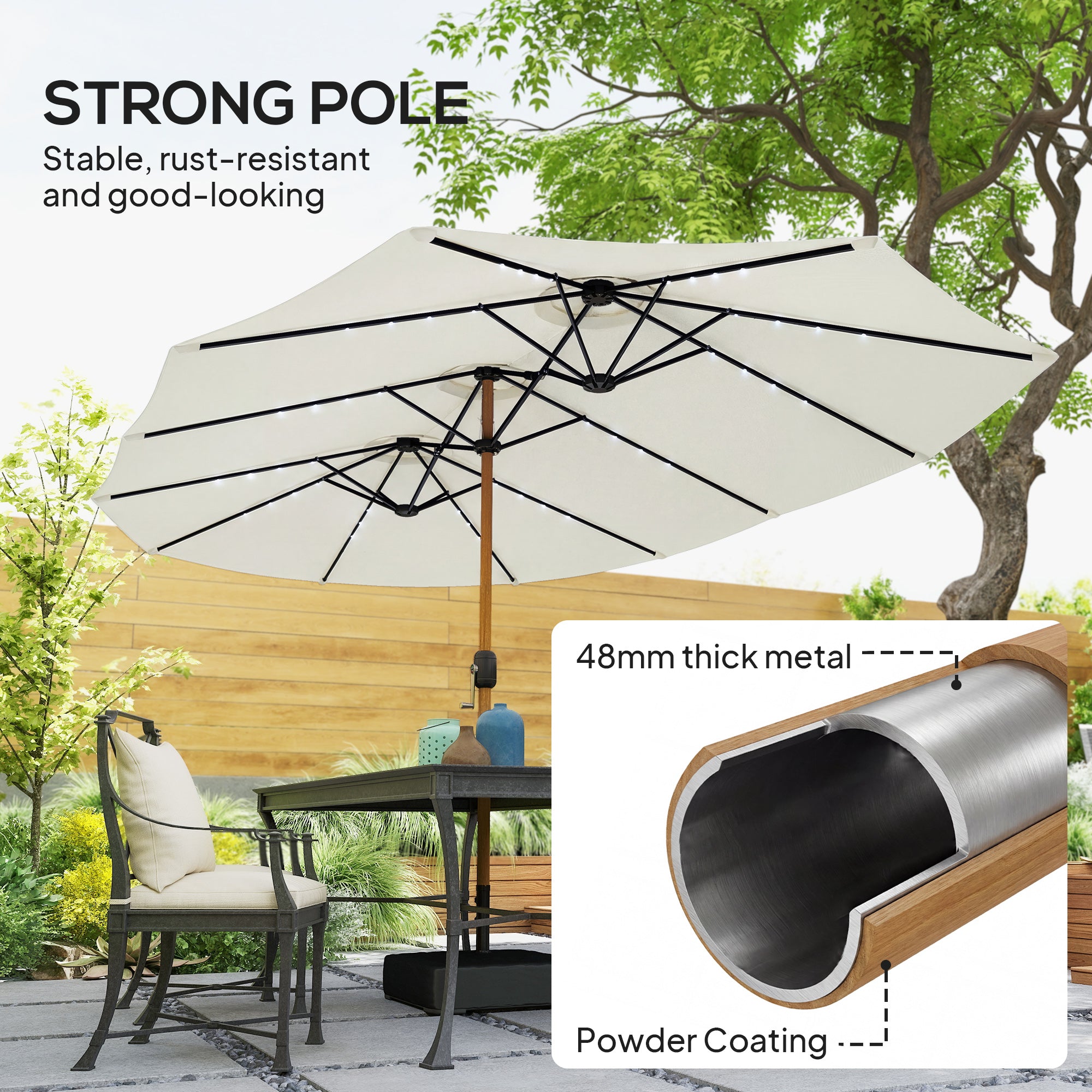 Double Sided Garden Parasol with Base Included & 48 Solar LED Lights Patio Umbrella Crank Handle 4.6m Cream White