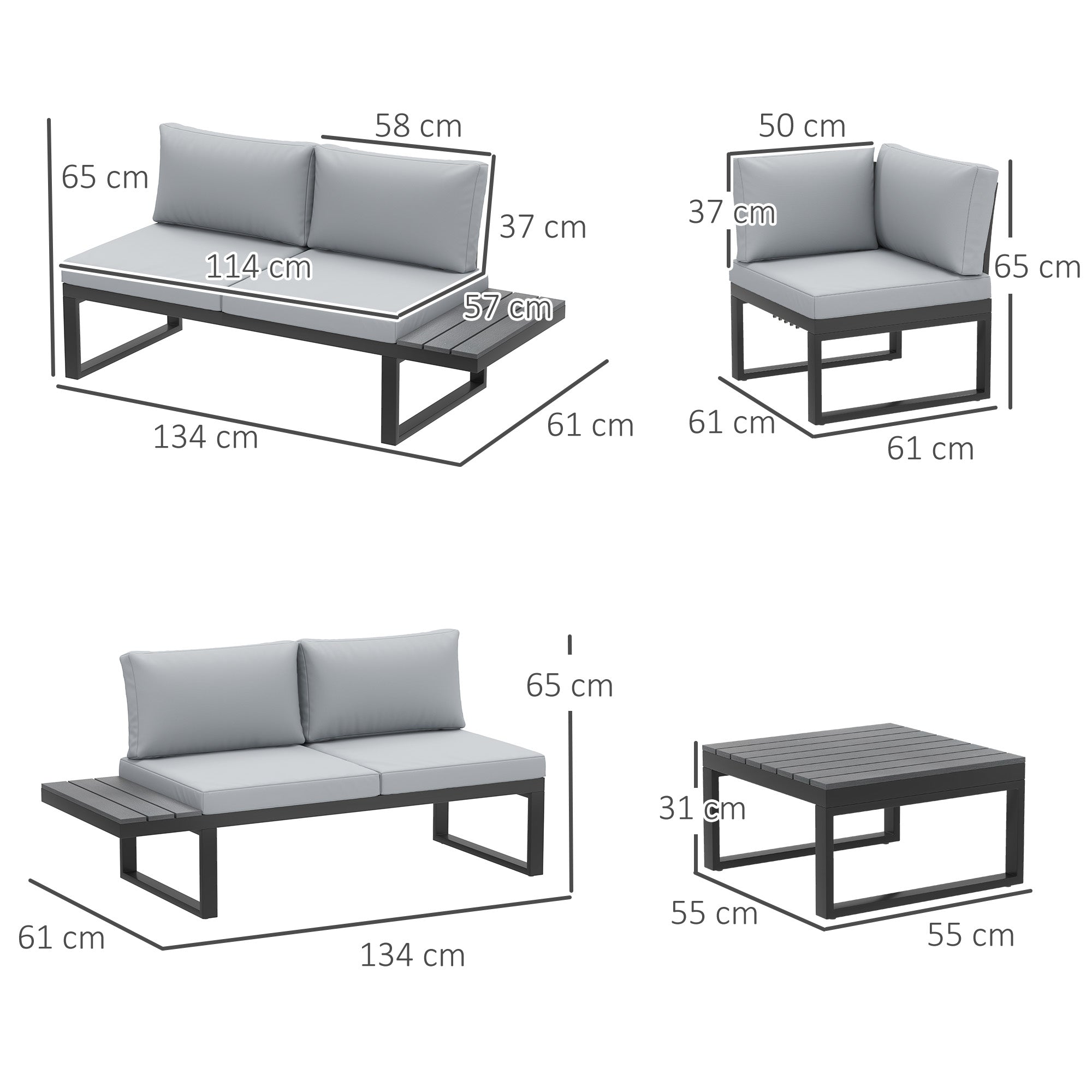 4-Piece Outdoor Patio Garden Lounge Set with 5-Level Reclining Corner Sofa & Cushions - Black Light Grey