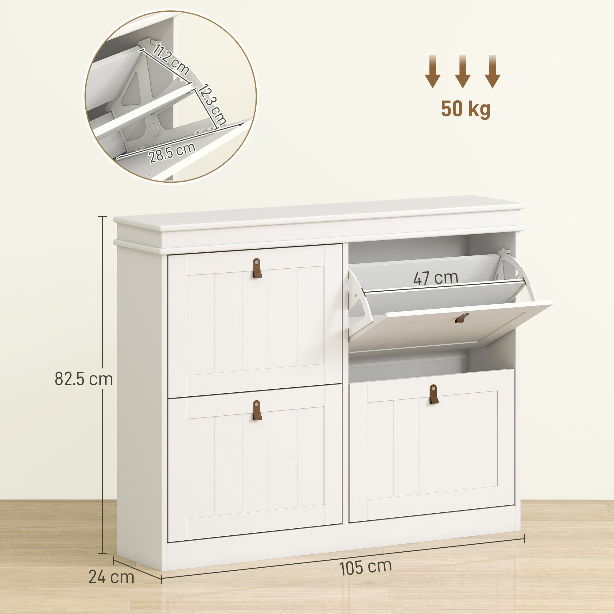 Slim Shoe Cabinet, Shoe Cabinet with 4 Drop-Down Drawers, 105W x 24D x 82.5H cm, White