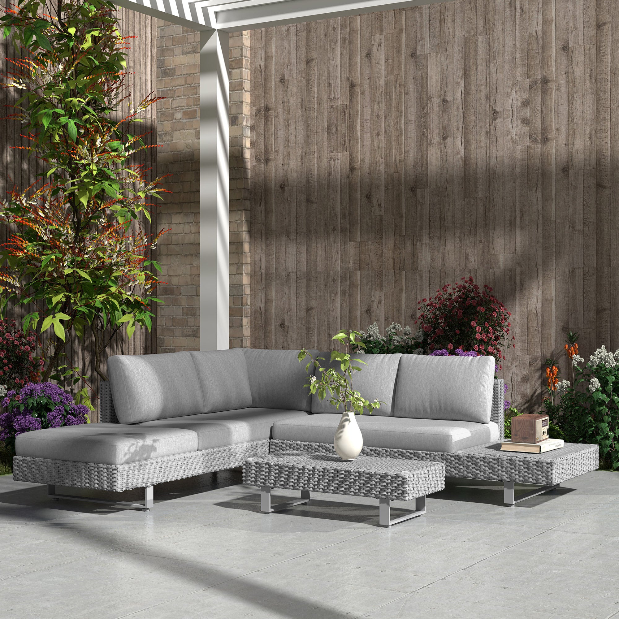 5-Seater Rattan Wicker Patio Sofa Set with Cushions and Tea Table - Light Grey