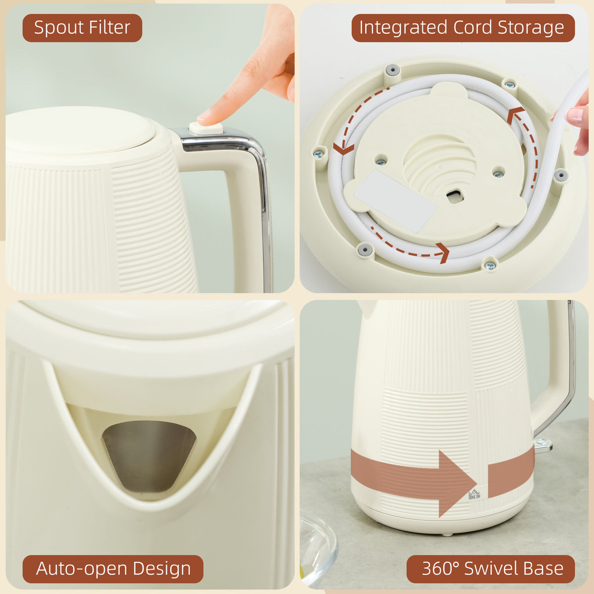 1.7L 3000W Fast Boil Kettle & 2-Slice Toaster Set with 7 Browning Levels, Defrost & Reheat - Cream White