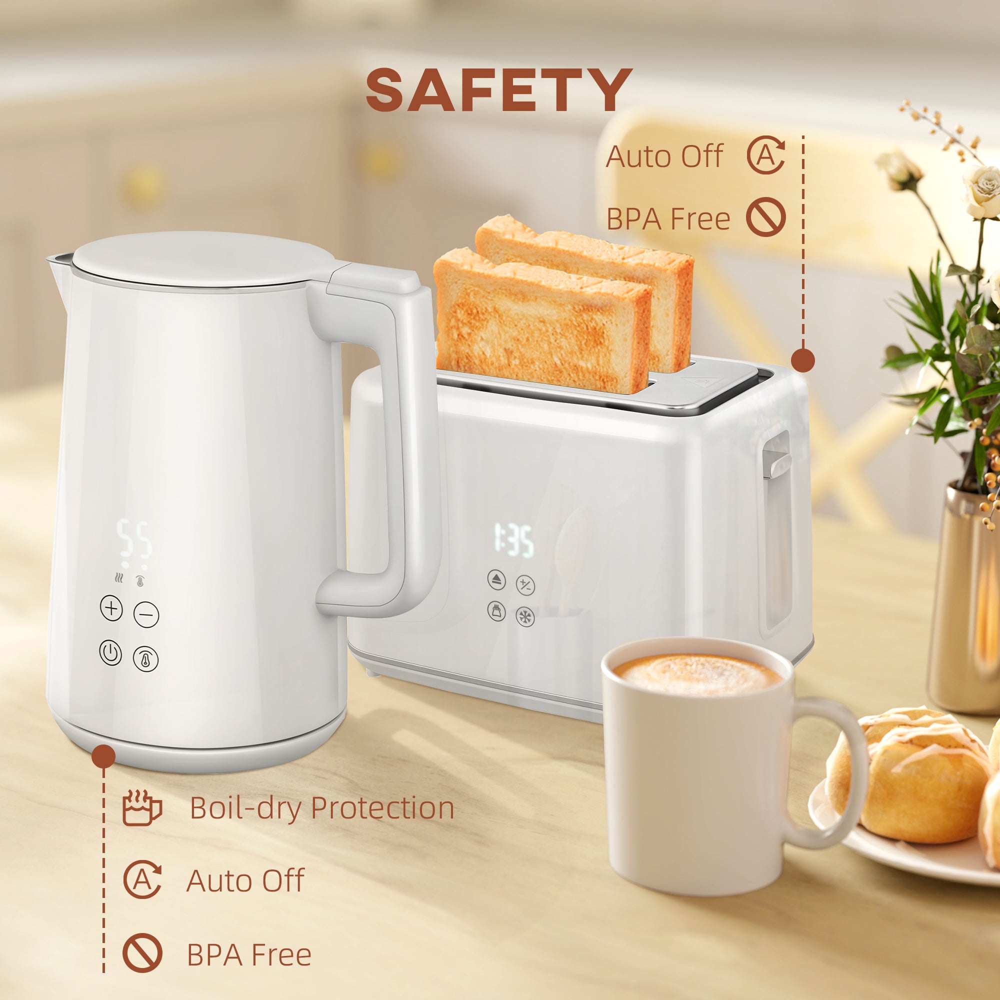 Kettle and Toaster Set, 1.5L 3000W Fast Boil Kettle with Insulation & 2 Slice Toaster Kitchen Set with 7 Level Browning Controls, Defrost, Reheat and Crumb Tray, Cream White