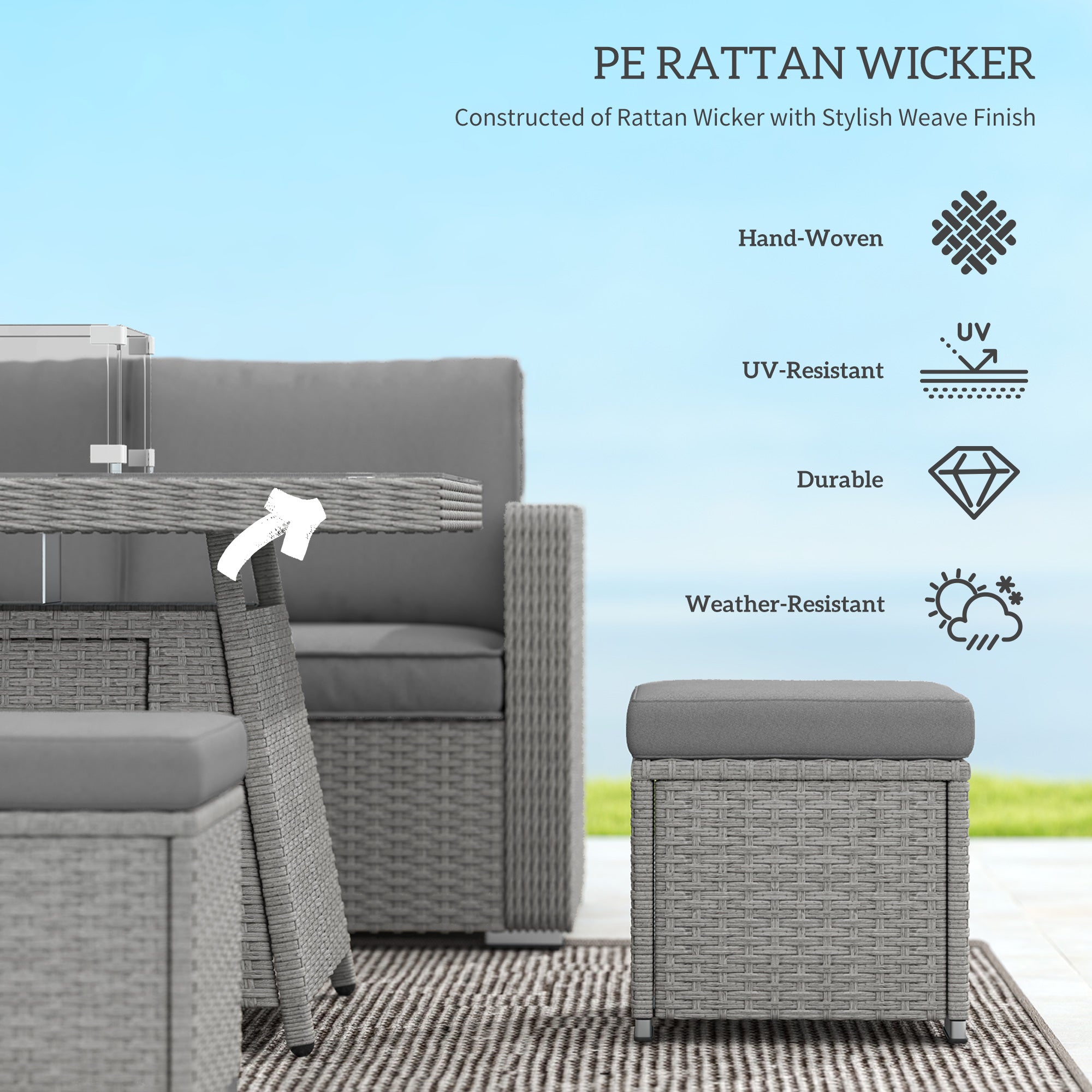 7 Piece Rattan Firepit Sofa Set with Gas Fire Pit Table - Grey