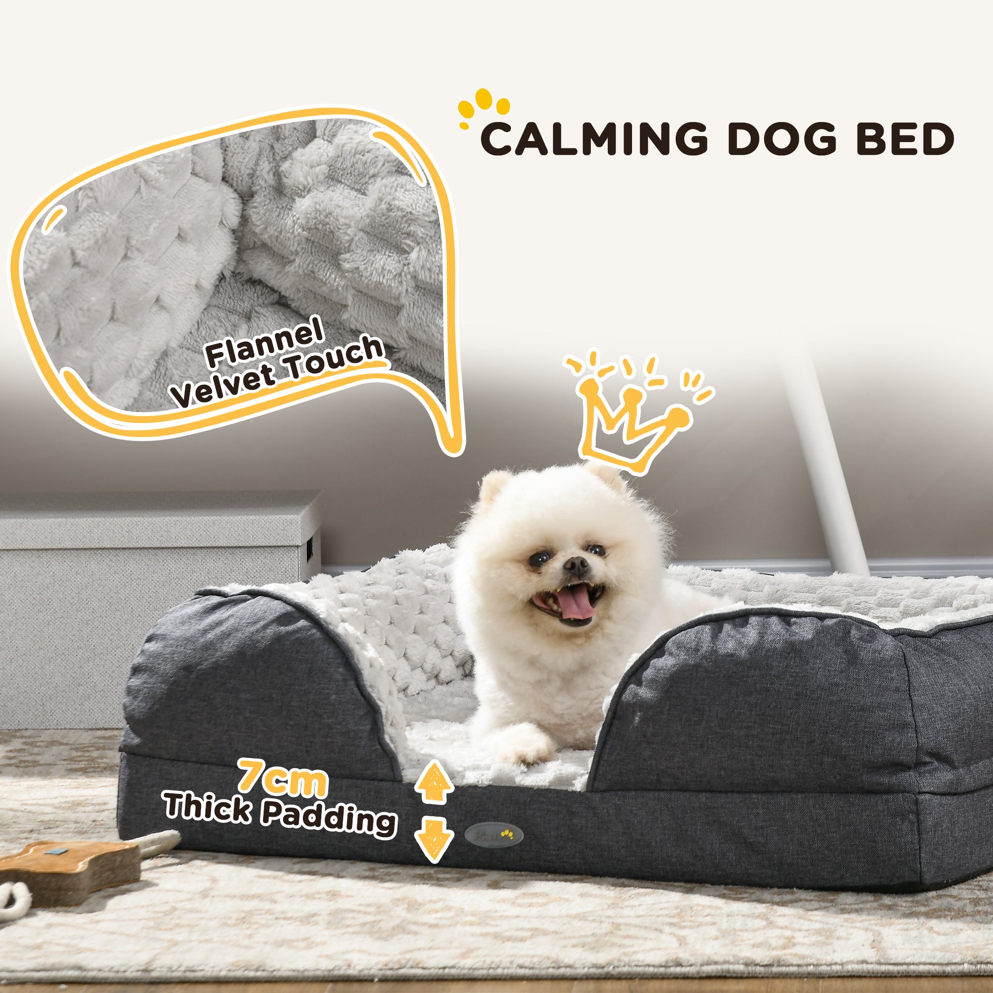 Calming Dog Bed Pet Mattress w/ Removable Cover, Anti-Slip Bottom, for Small Dogs, 70L x 50W x 18Hcm - Charcoal Grey