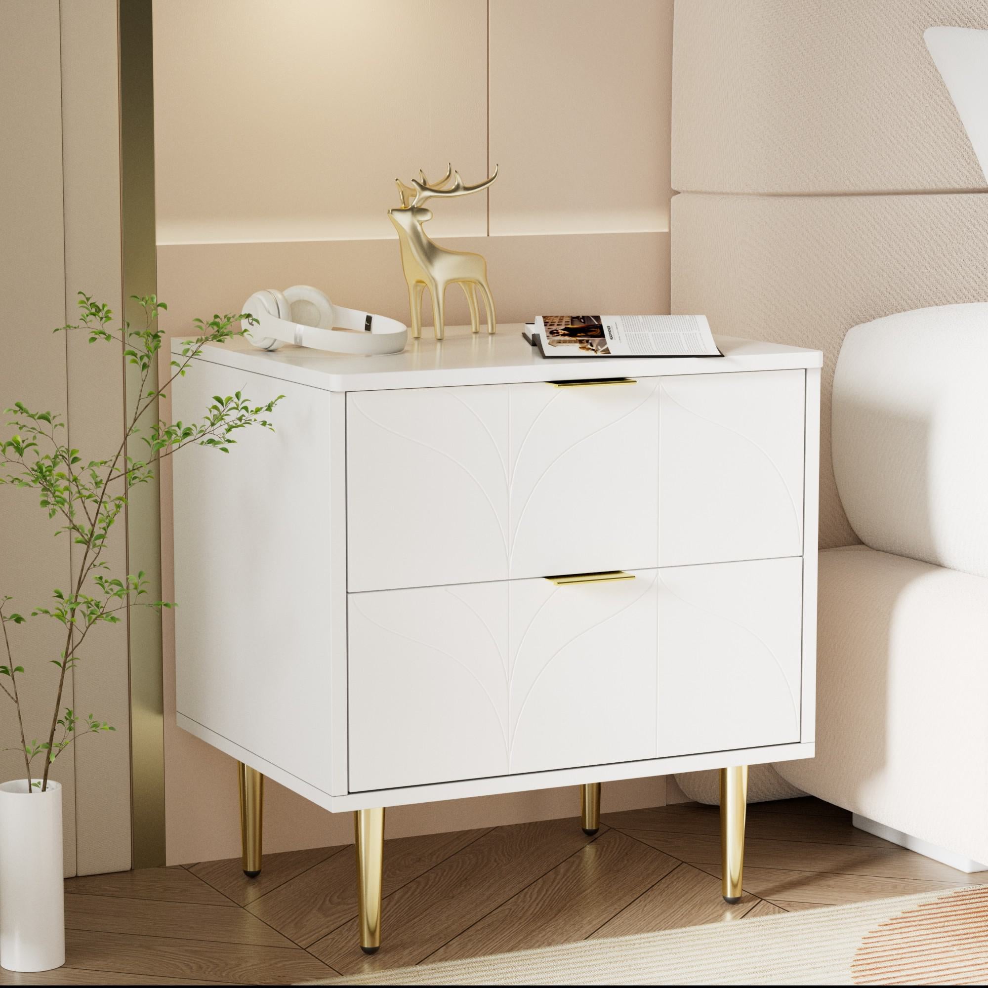 Set of 2 Modern Bedside Tables with 2 Drawers, Floral Pattern and Gold-Plated Accents, Anti-Bump Design, 50L x 40W x 54H cm, White