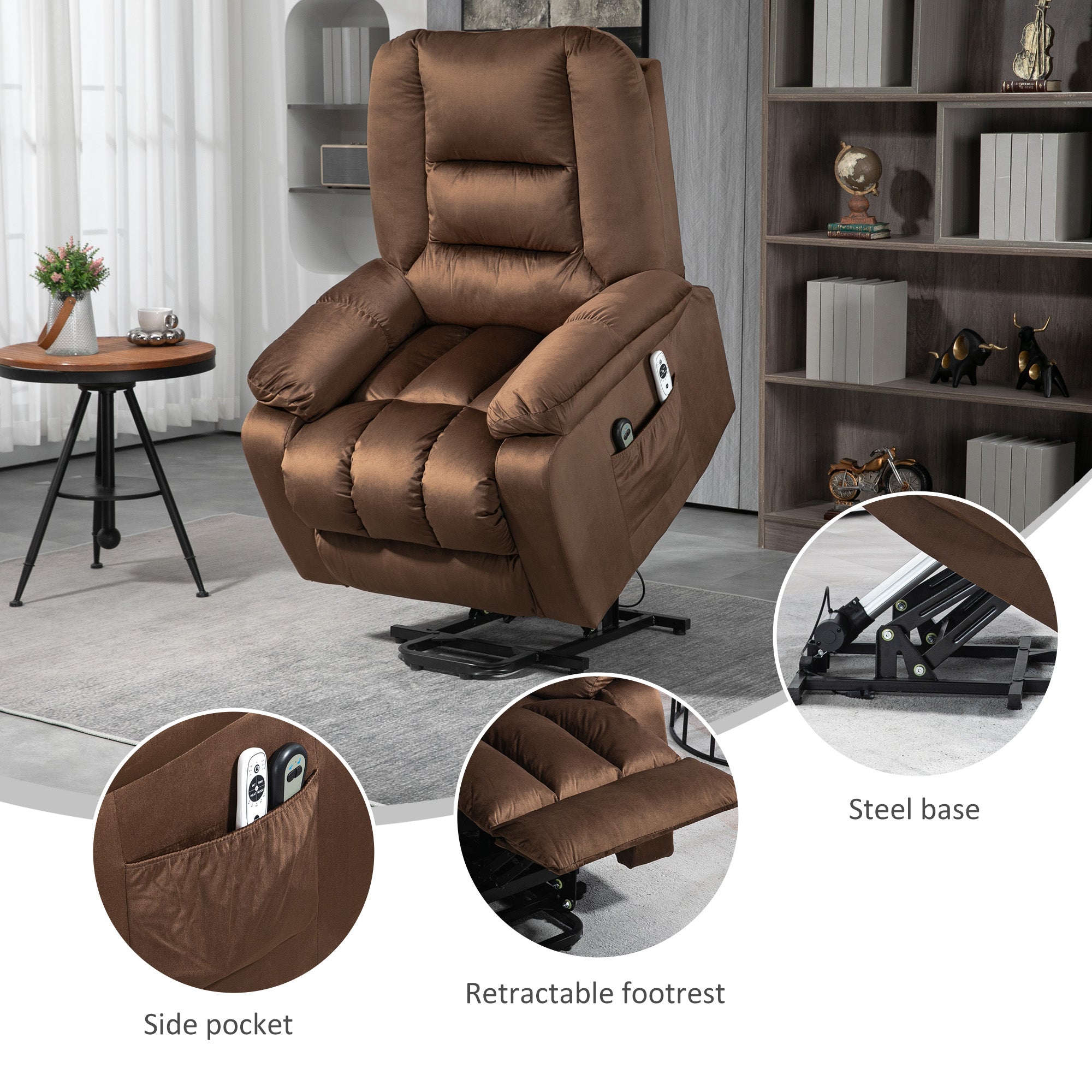 Leathaire Power Lift Reclining Armchair with 8-Point Massage and Heat - Brown