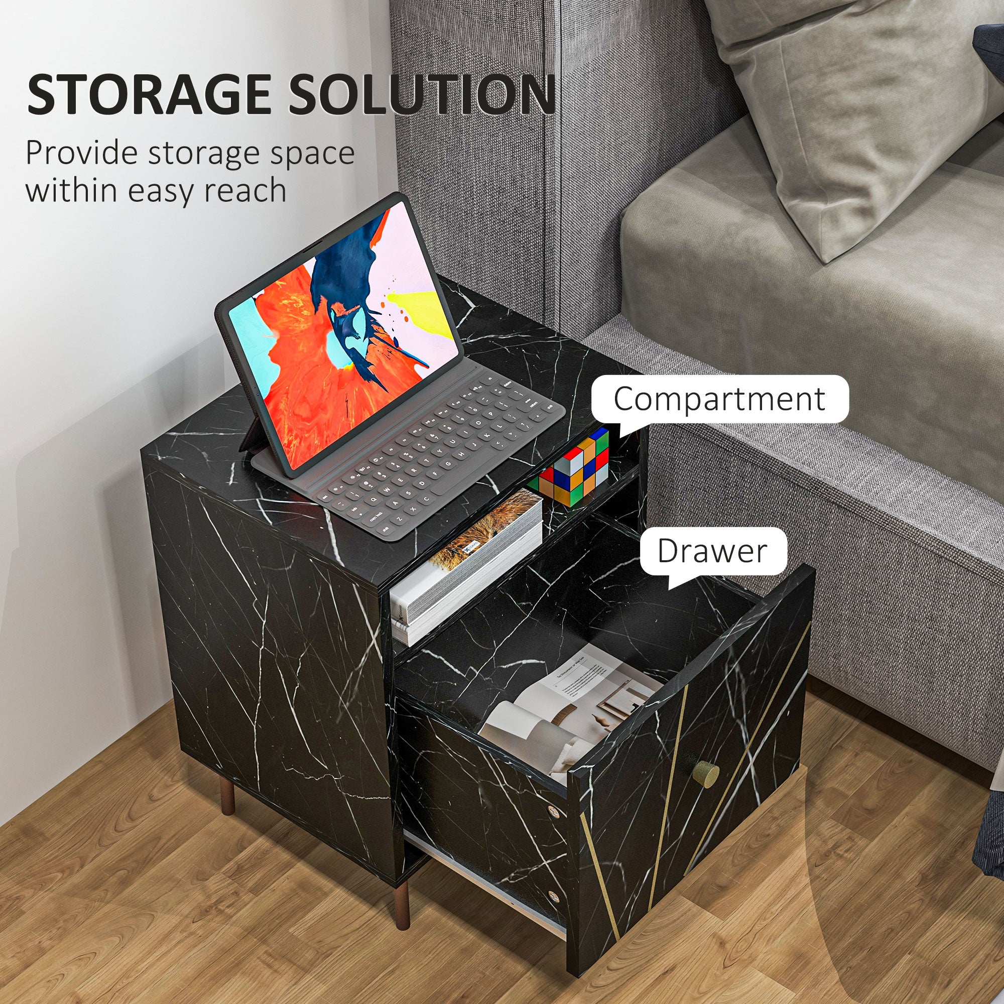 Elegant Bedside with Storage - Black/Gold Tone