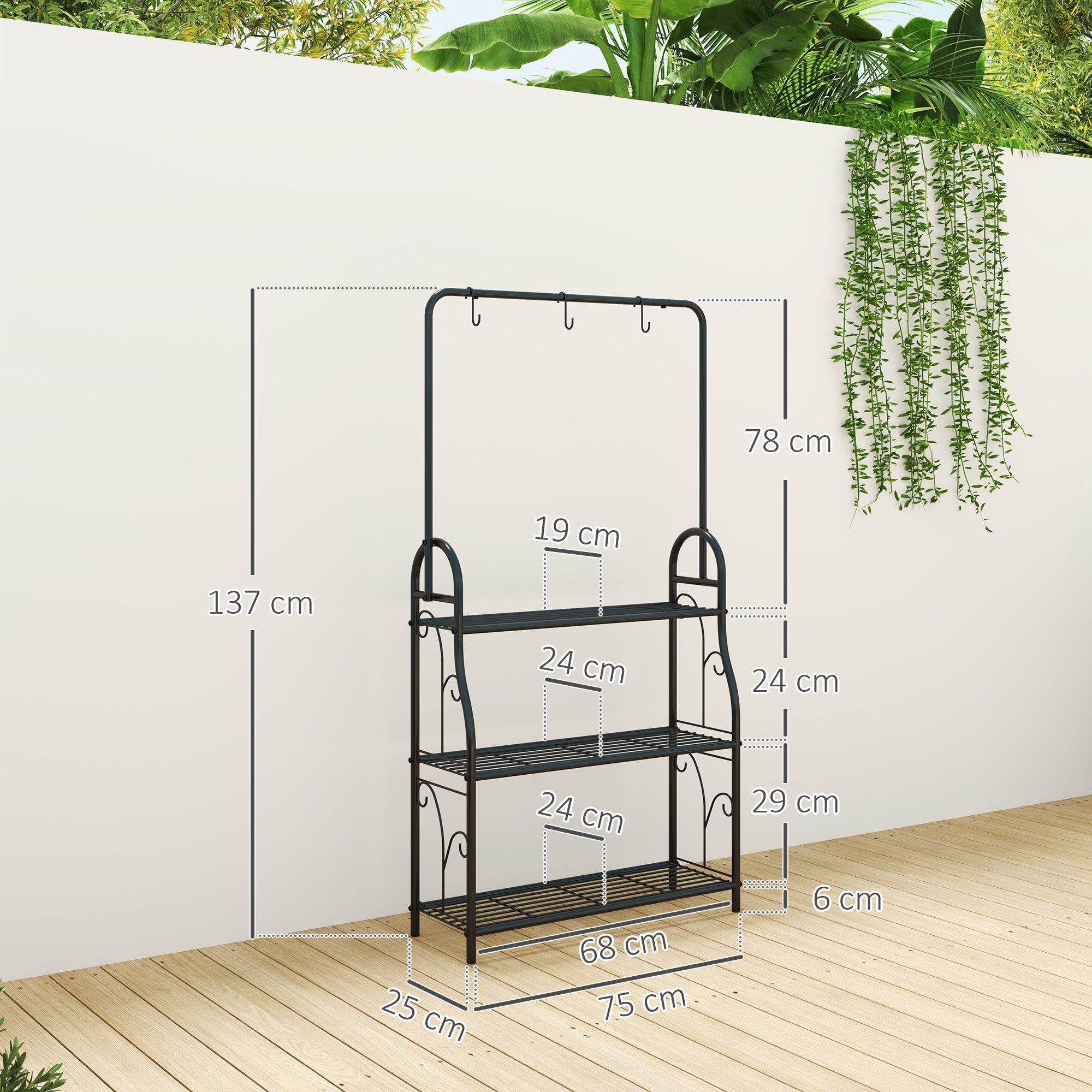 3 Tier Plant Stand with Hanging Rod and Hooks, Metal Plant Rack Shelf, Ladder Flower Pot for Indoor Outdoor Porch Balcony Living Room Bedroom, Black