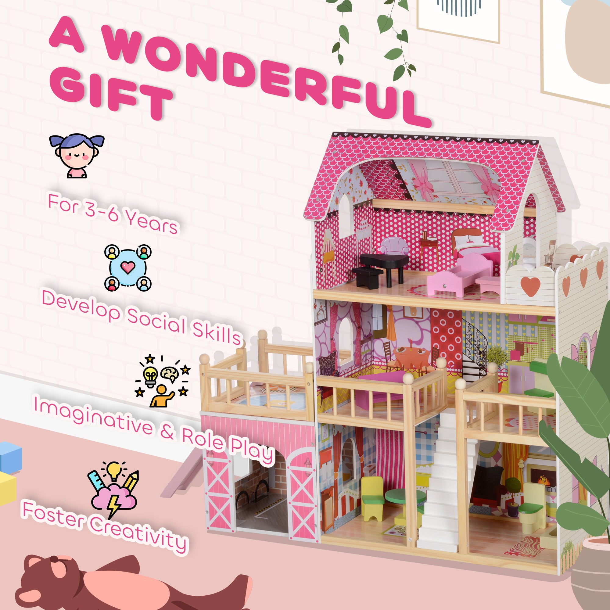 3 Storey Dolls House Play Set with 13 Pieces Wooden Furniture and Accessories for 3-6 Years