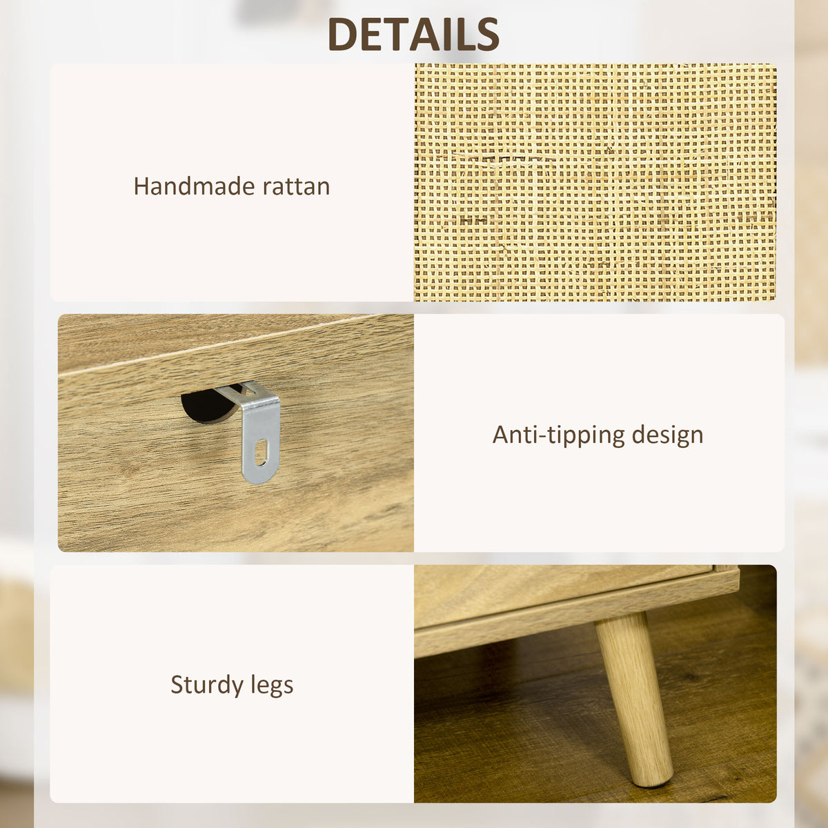 Bedside Table with Rattan Panel, Shelf & Cupboard 39x35x60cm - Natural
