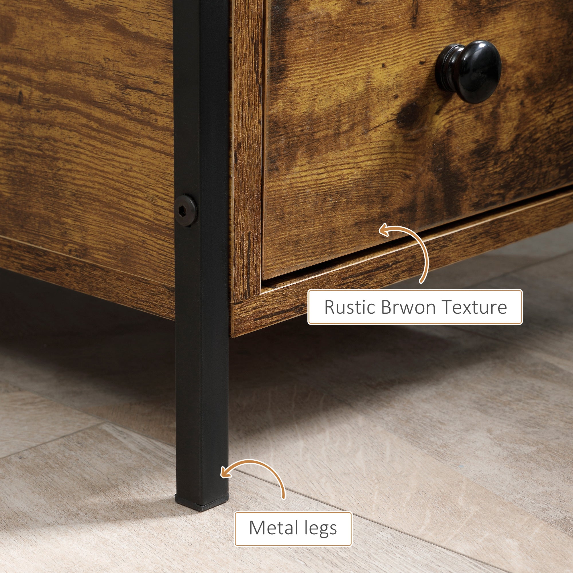 Set of 2 Side Table, Narrow Bedside Table with 2 Drawers and Storage Shelf, Industrial End Table with Metal Frame for Small Spaces, Rustic Brown