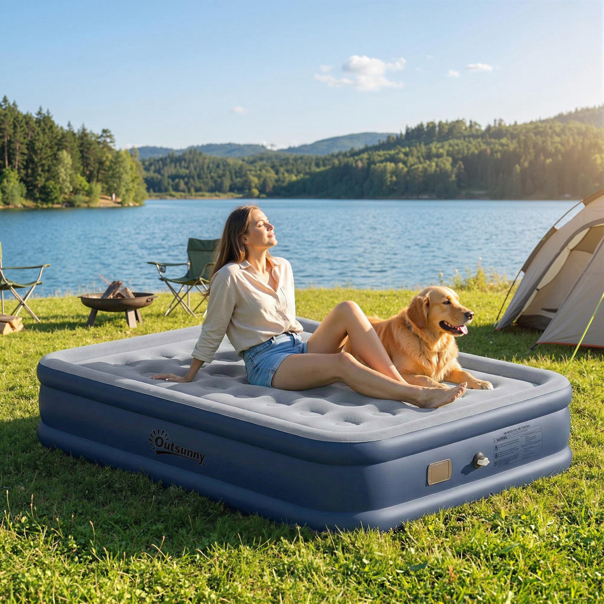 Inflatable Mattress, Double Air Bed with Built-in Electric Pump, 3 Mins Inflation, Flocked Surface, Grey
