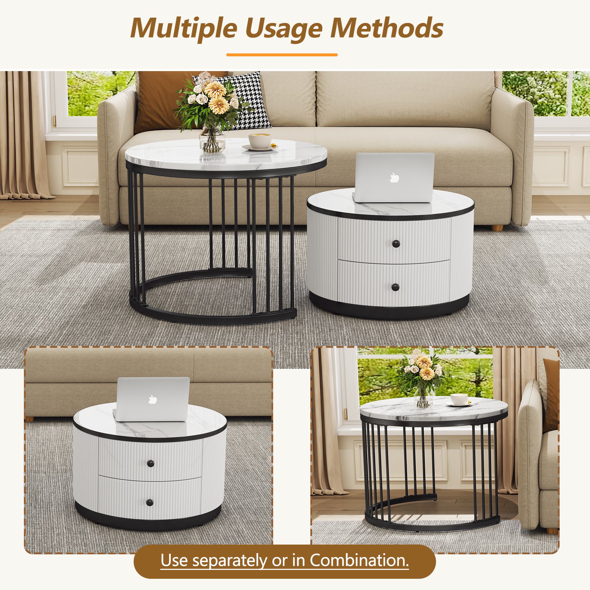 High Gloss Round Nesting Coffee Table Set with Marble Pattern Top and Storage Drawers, Modern Centre Table for Living Room, White+Black