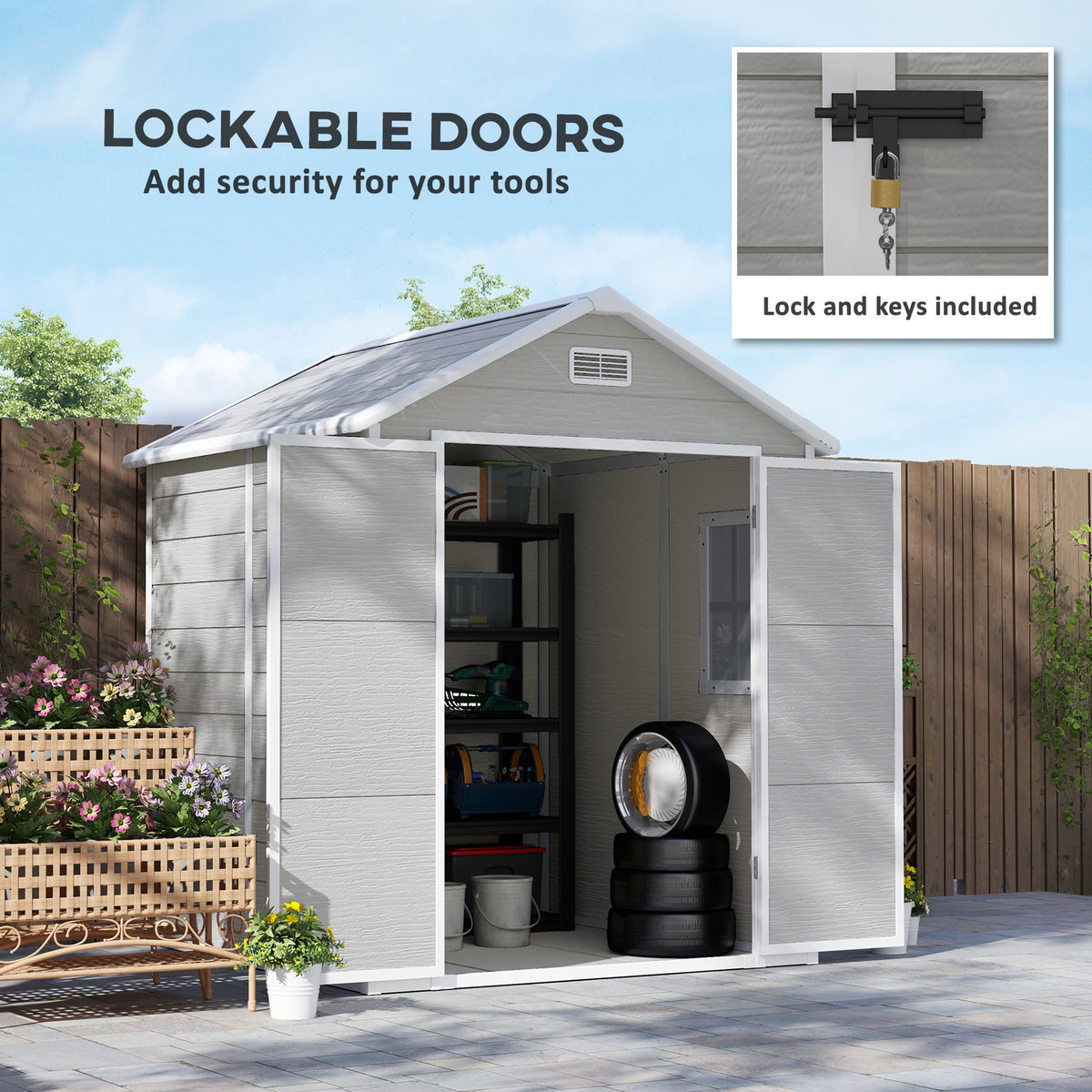 6 x 5ft Plastic Garden Shed with Floor, Window, Lockable Doors & Vents - Dark Grey