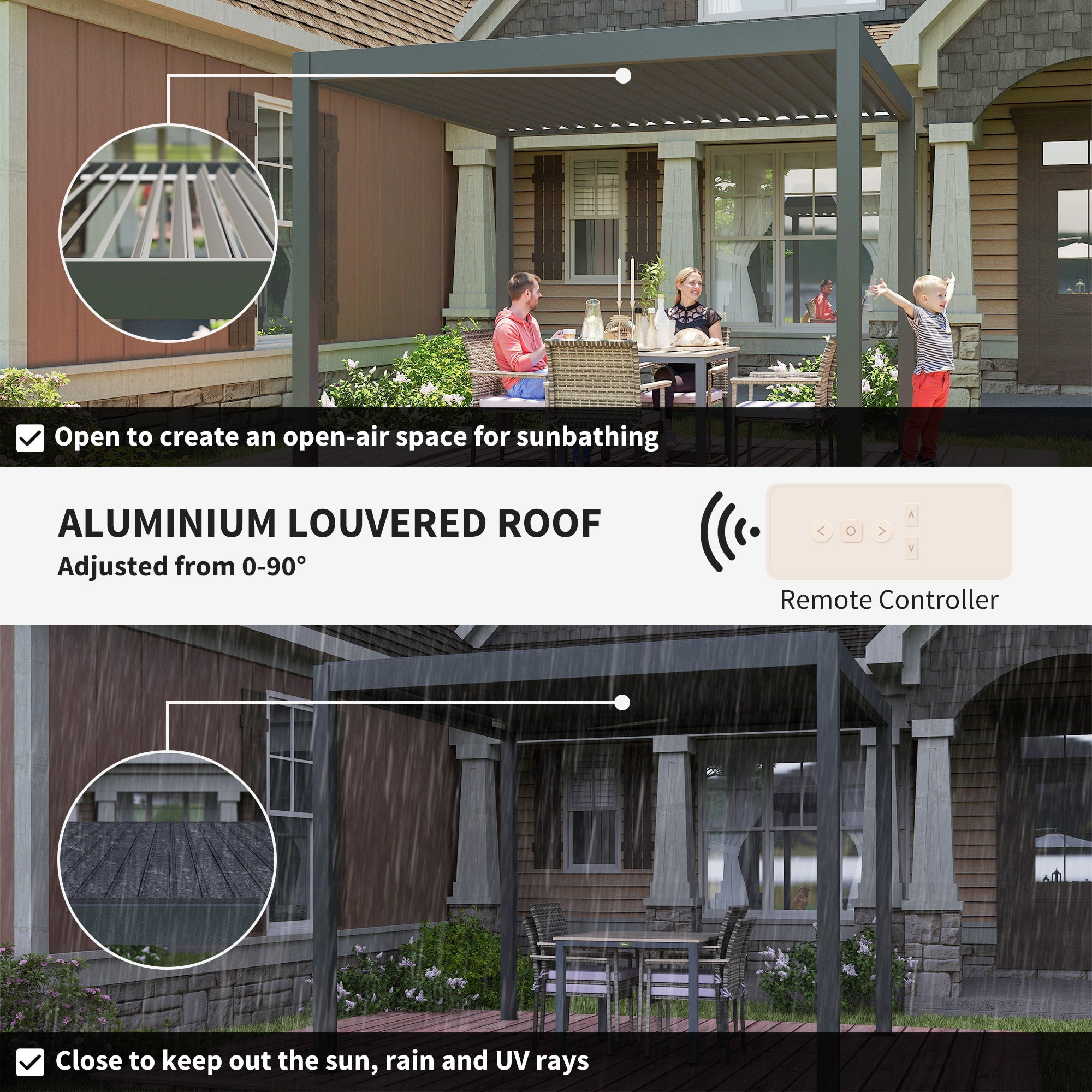 3 x 3(m) Electric Louvered Pergola with LED Lights, Aluminium Pergola Hardtop Gazebo with Remote, Adjustable Roof and Drainage System, Water and UV Proof