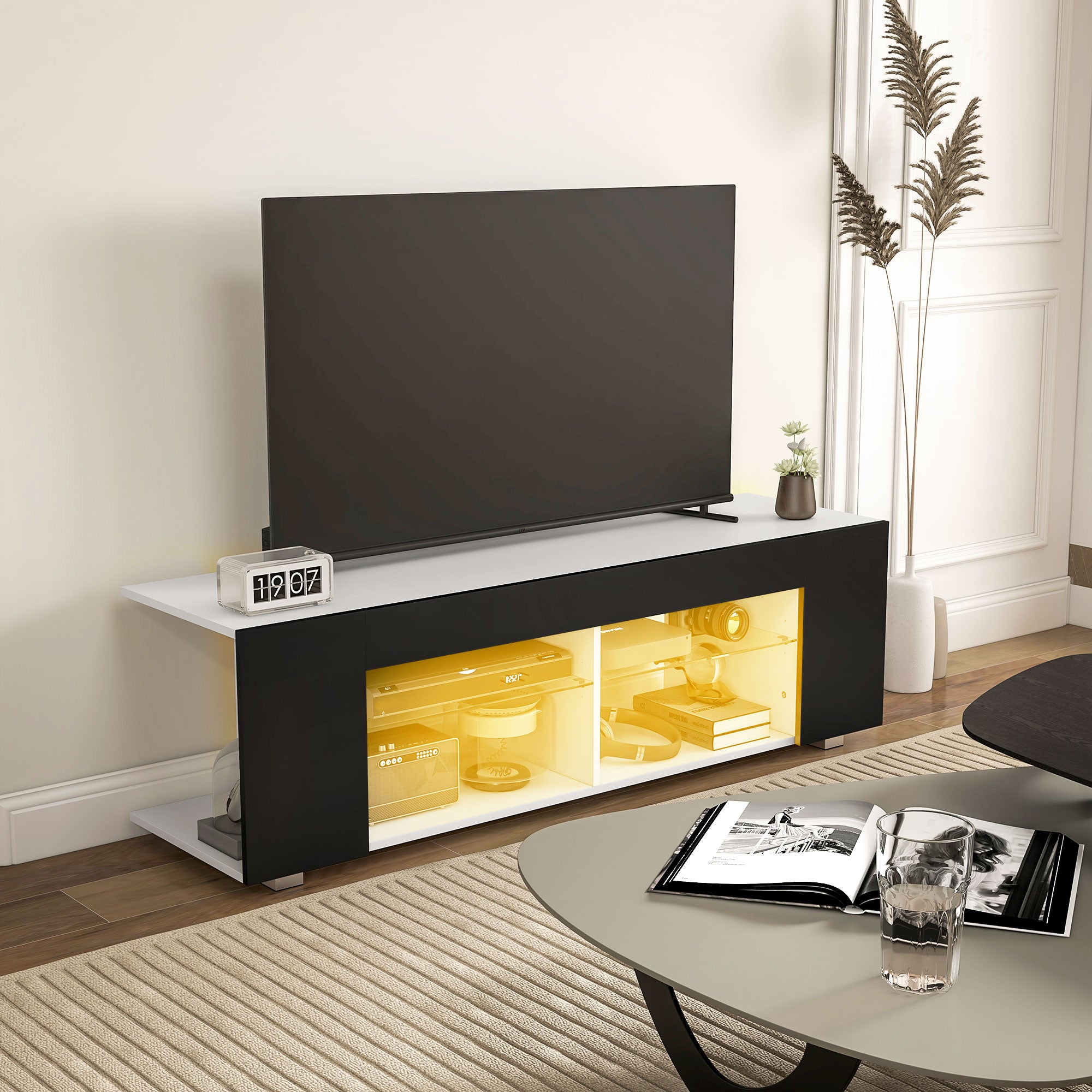 Multi-Shelf TV Cabinet, with Adjustable LED Lights - Black