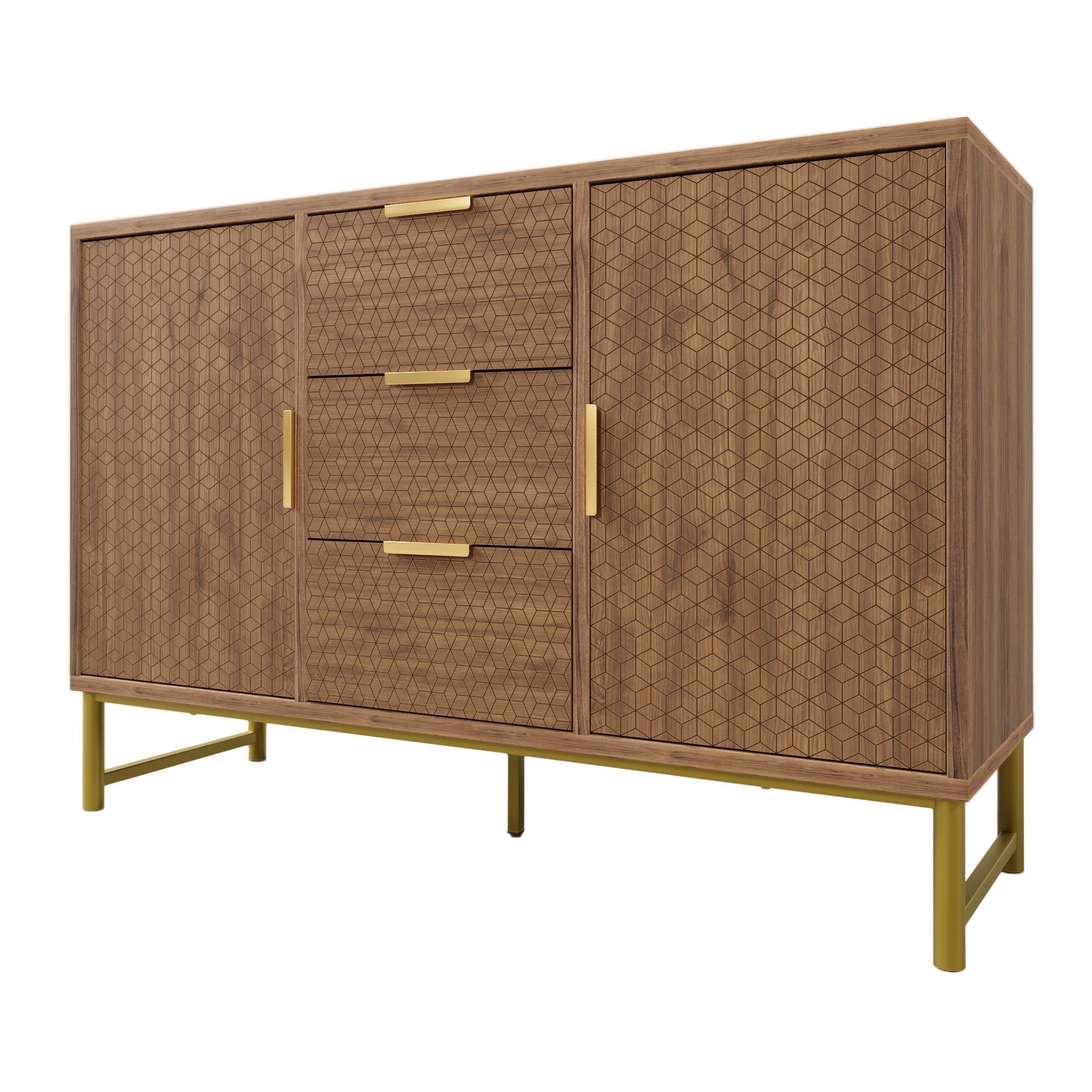 Embossed Design Sideboard Cabinet with 3 Drawers and 2 Doors, Adjustable Shelves, Anti-tip, Storage Cabinet, 120L x 40W x 75H cm, Walnut
