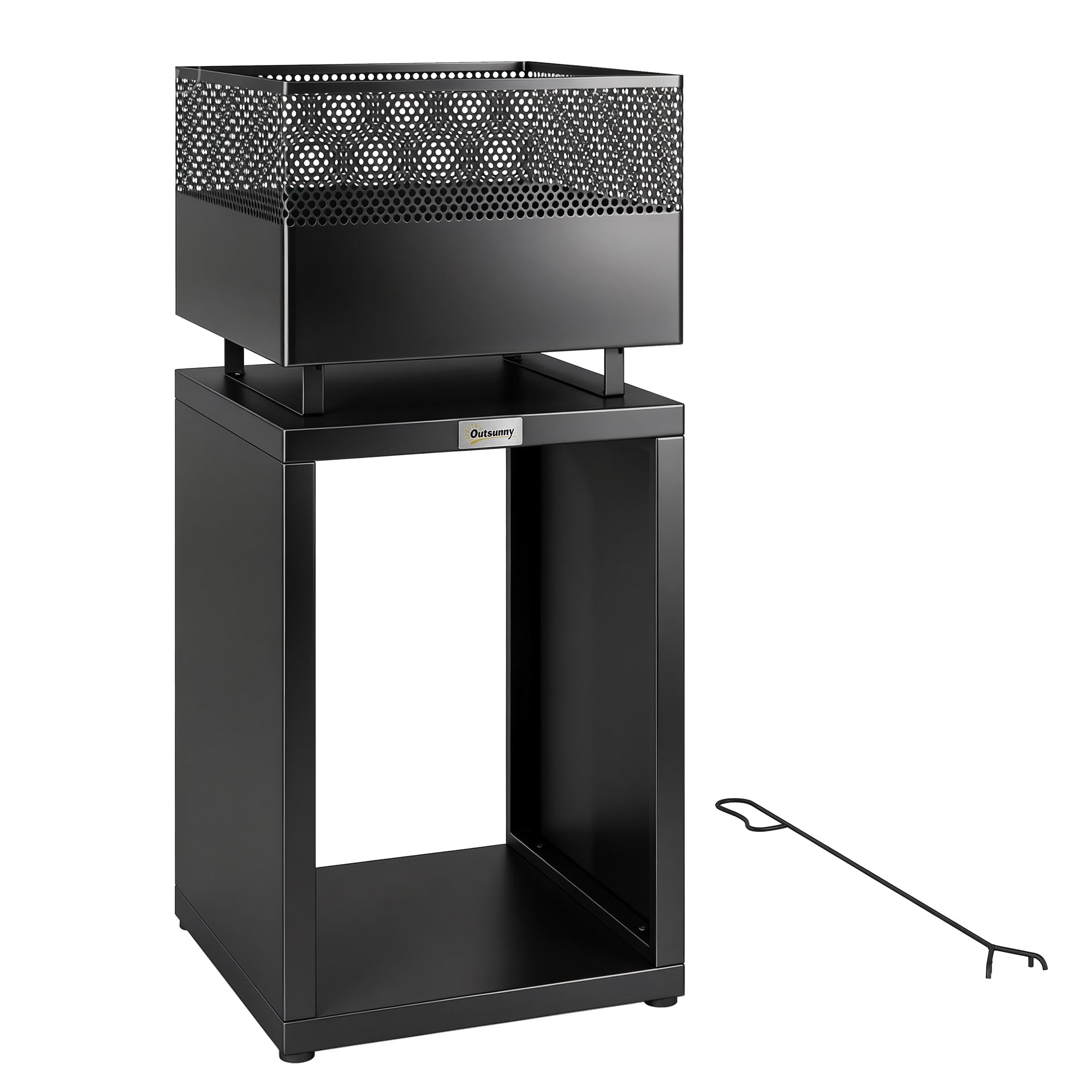 Outdoor Fire Pit with Wood Storage Wood Burning Firepit with Mesh Sides 87 cm Black