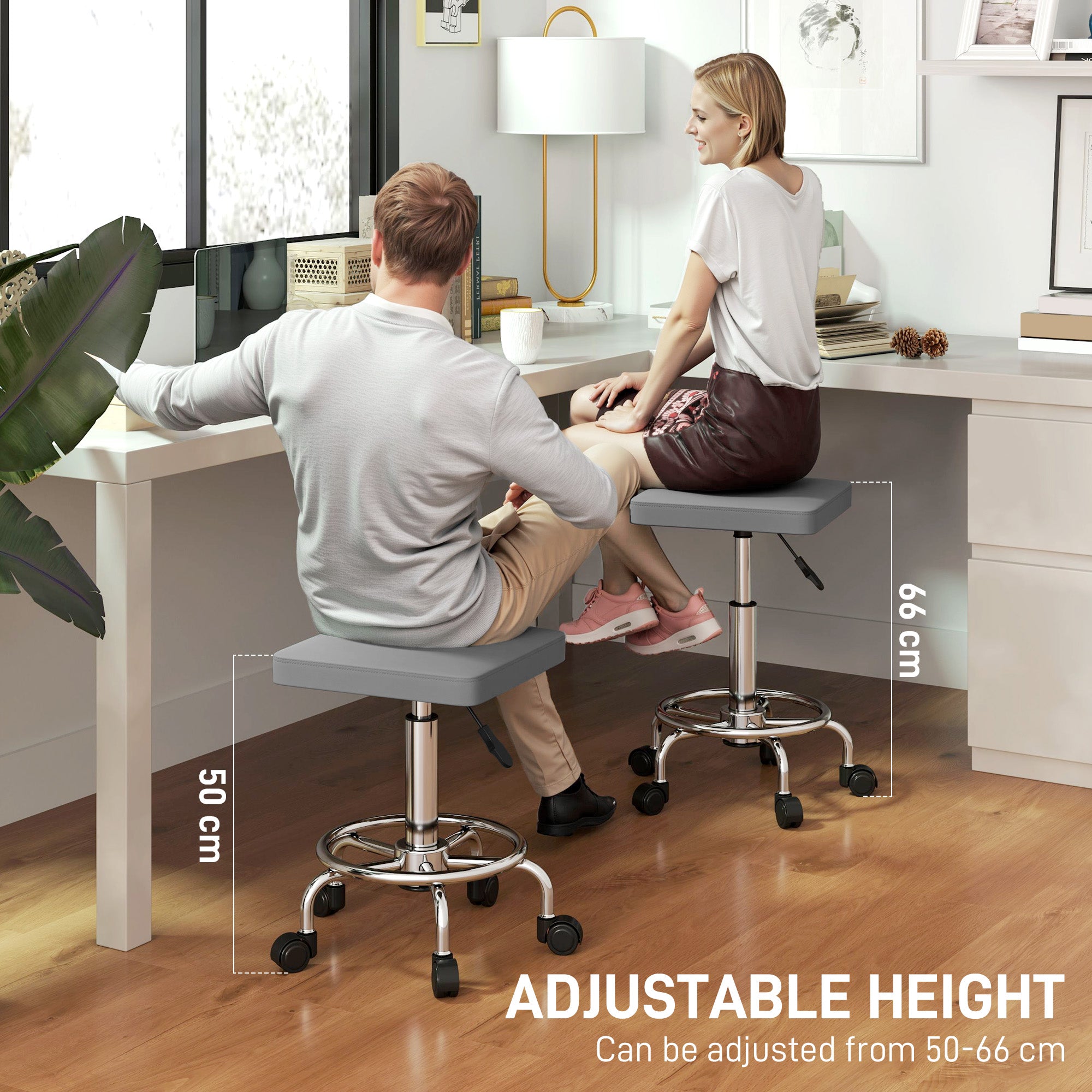 Adjustable PU Leather Rolling Stool with Footrest and Wheels - Grey