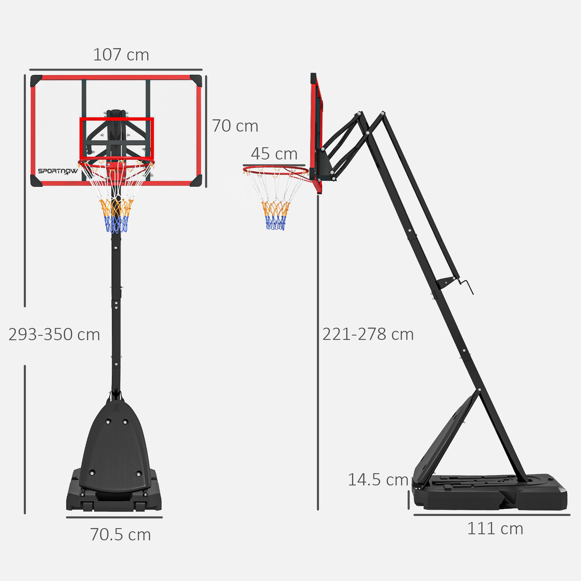 2.4-2.9m Adjustable Basketball Hoop and Stand with Weighted Base, Portable on Wheels, Red