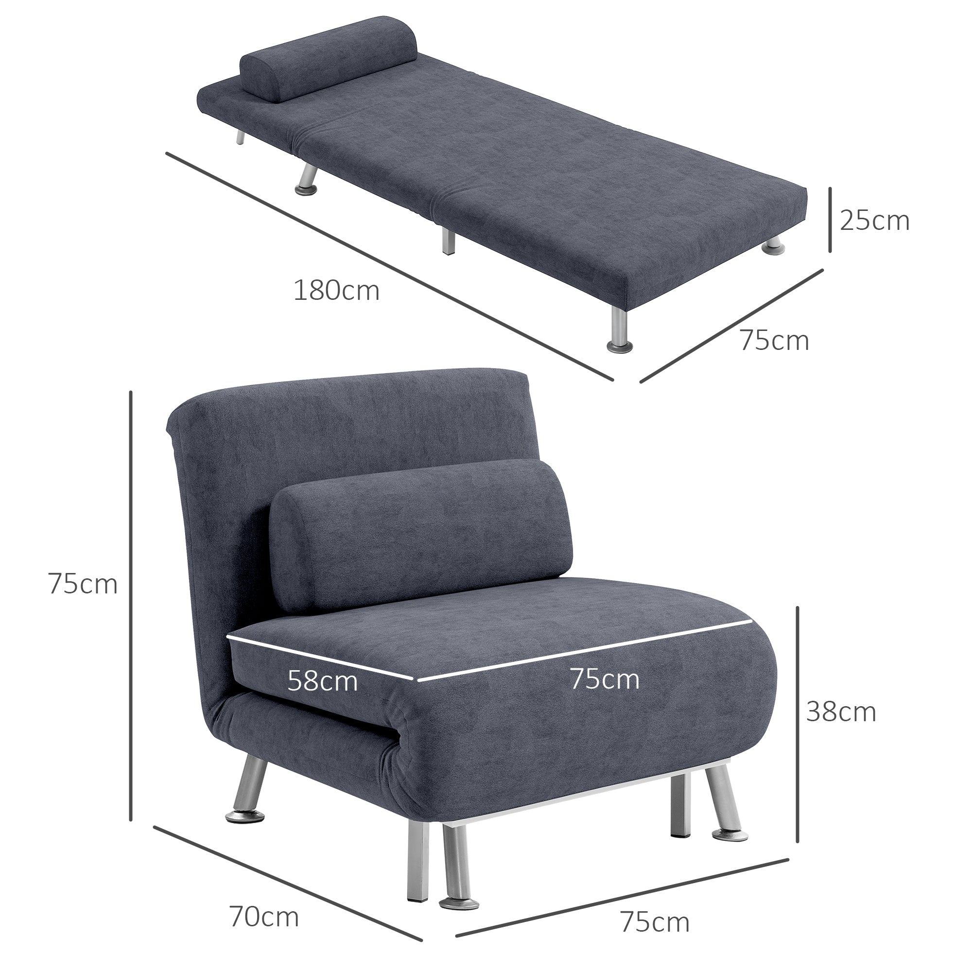 Single Velvet-Feel Sleeper Chair - Charcoal Grey