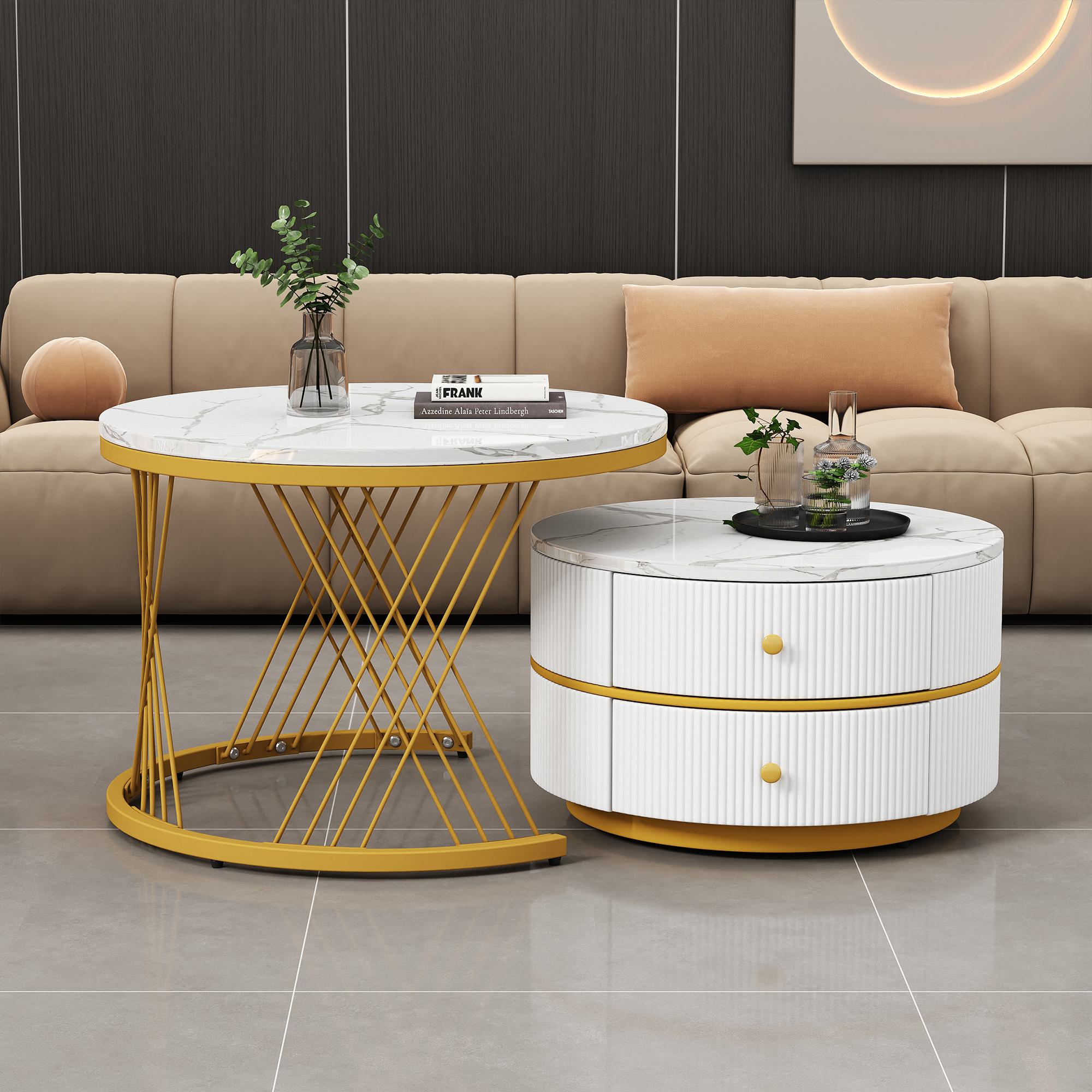 2 Piece High Gloss Round Nesting Coffee Table Set with Marble Top, Living Room Centre Tables with Storage Drawers, Gold+White