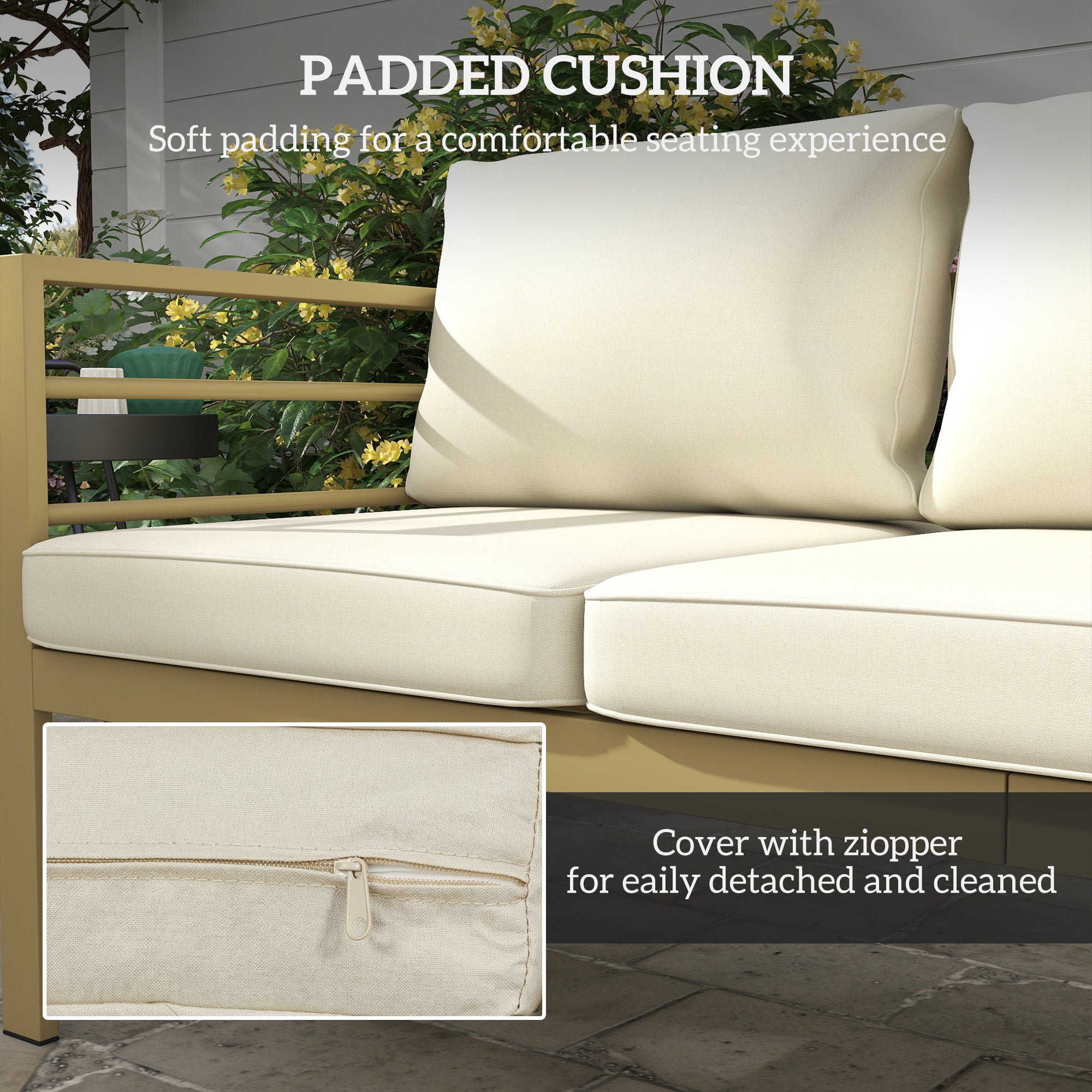 Garden Bench with Cushions, 3-Seater Sofa with Backrest, Armrest and Back Cushions, 185 x 66 x 64cm, Cream White