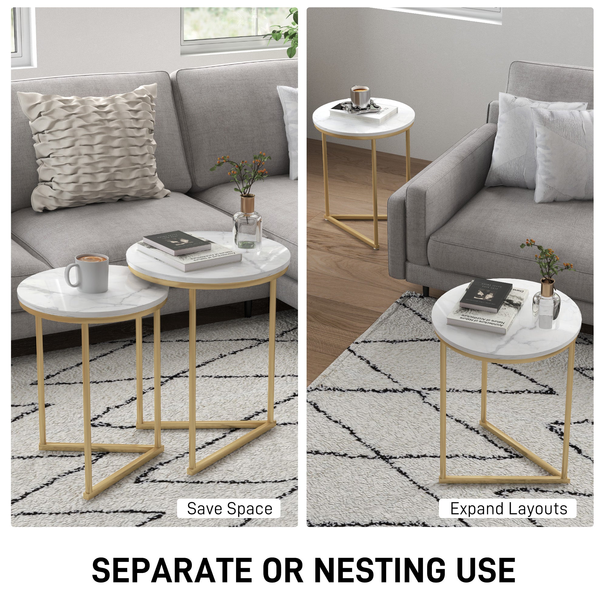 Set of Two Marble-Effect Nesting Tables with Gold-Tone Frames - White/Gold-Tone