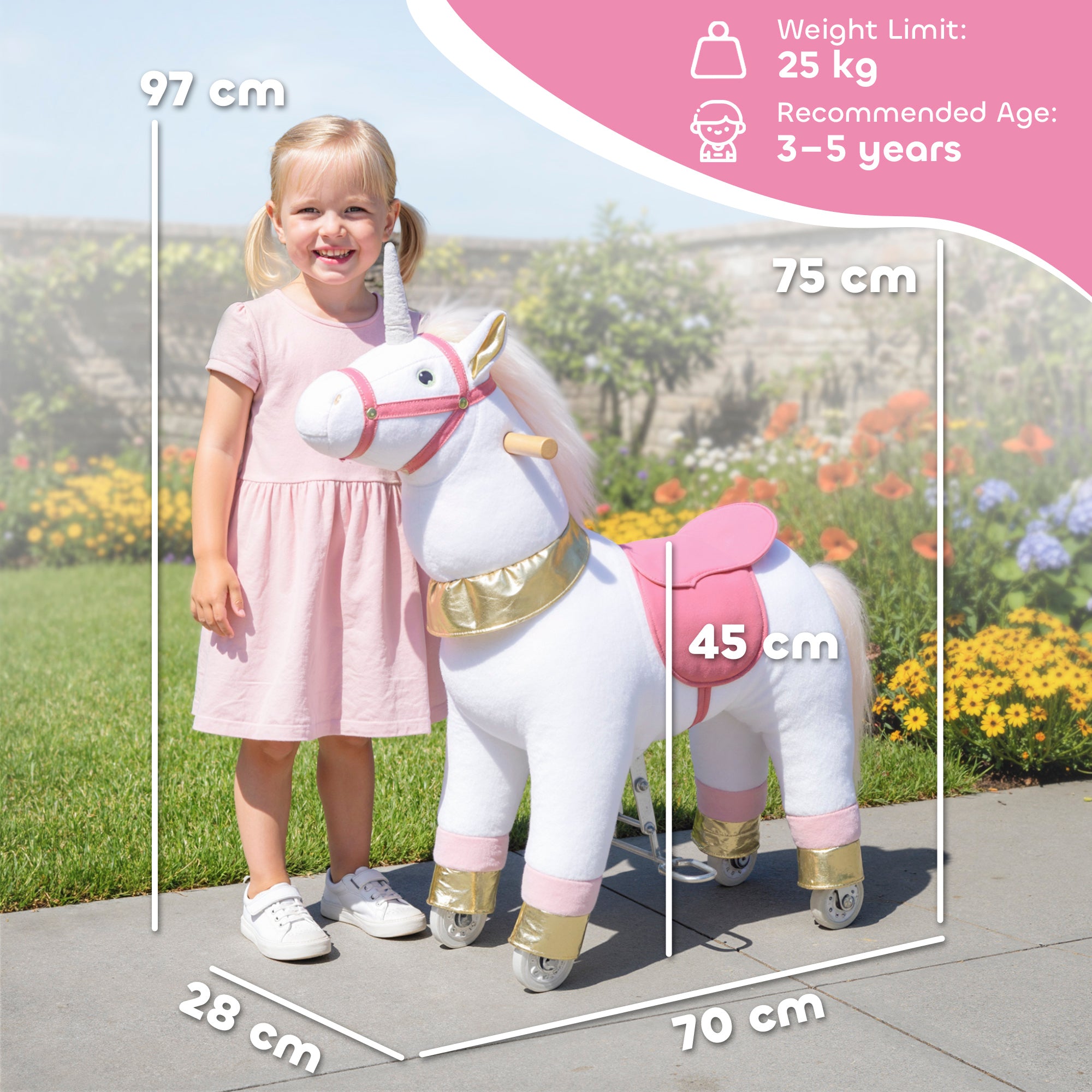 Kids Rocking Horse, Plush Walking Horse with Wheels, Ride On Unicorn Toy for Ages 3-5 Years Old, White