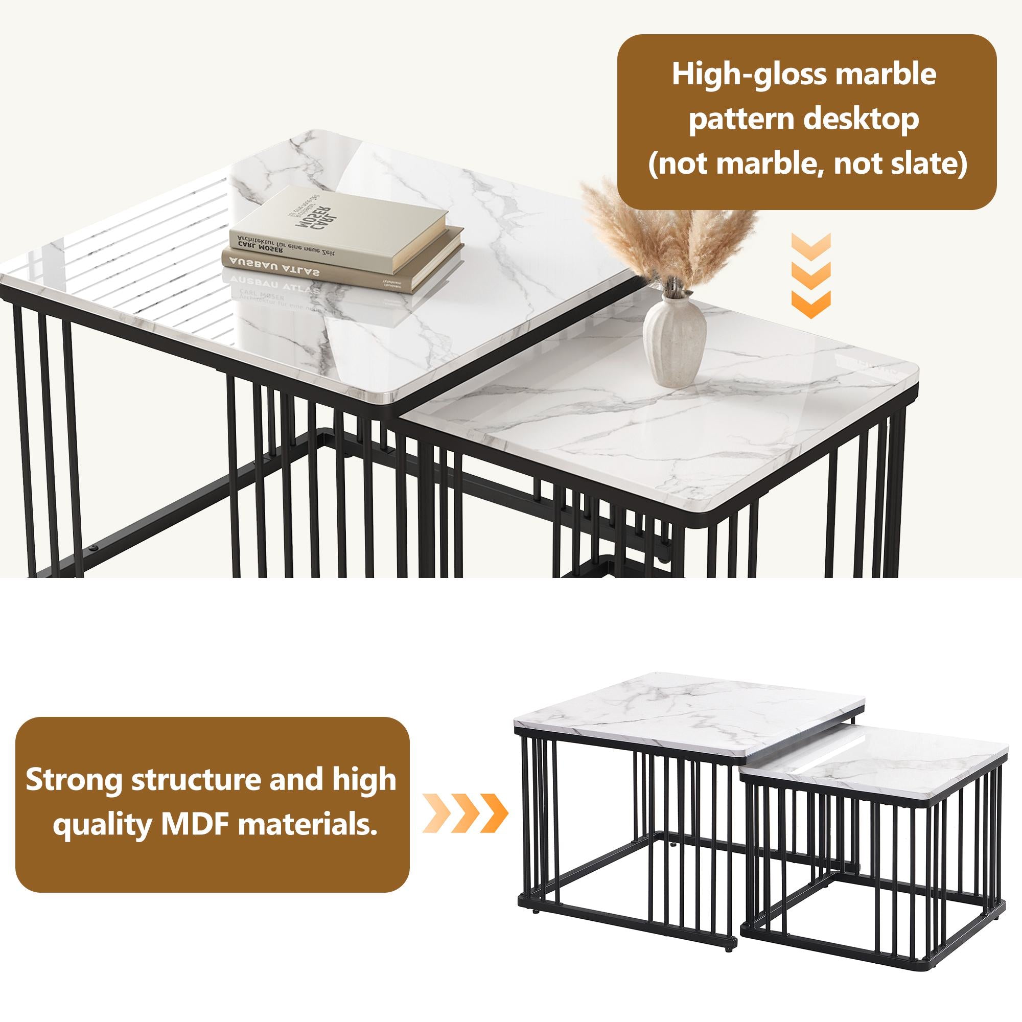 2 Piece High Gloss Nesting Coffee Table Set with Marble Pattern, Square Side Tables with Metal Frame, 60L x 60W x 45H cm, White+Black