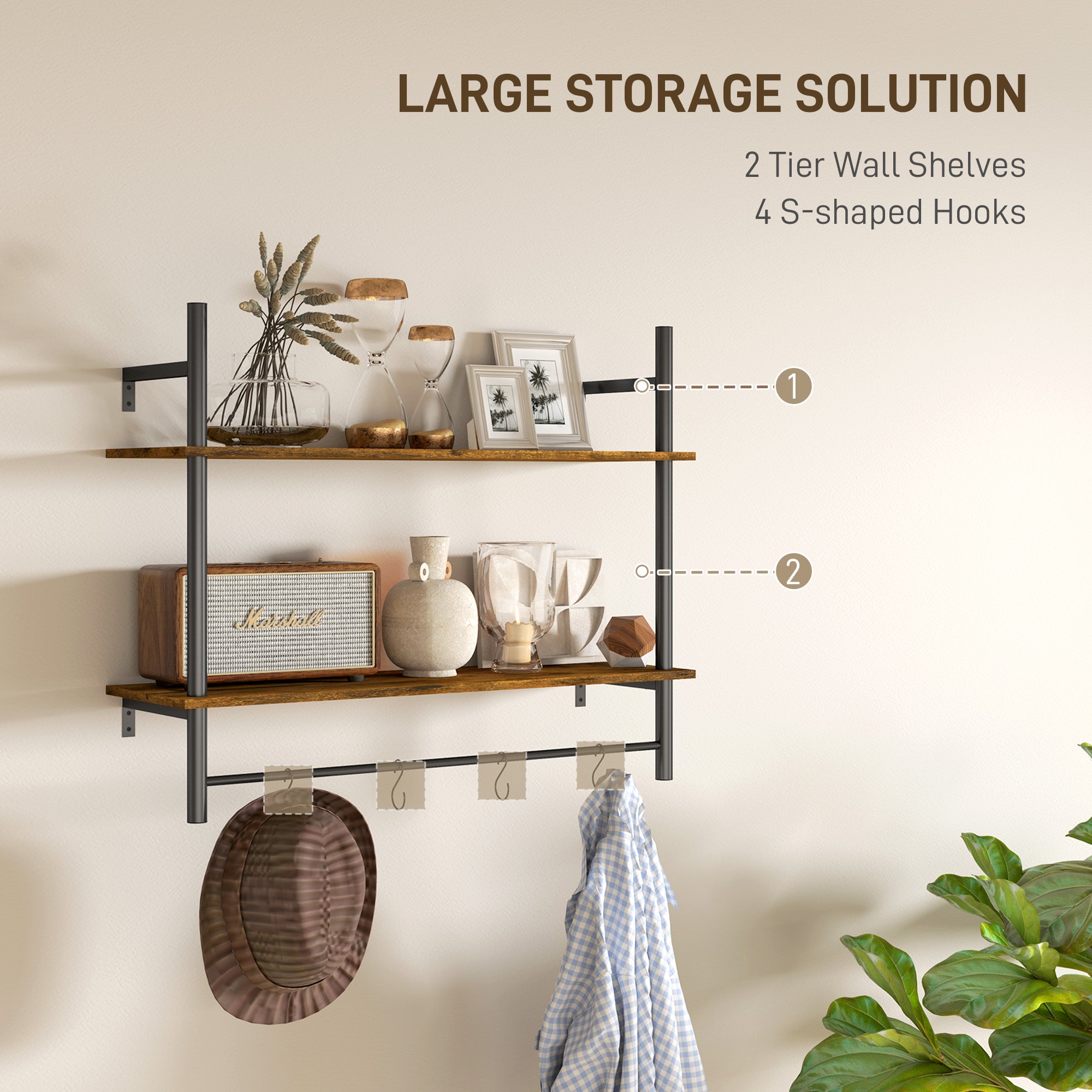 Wall Mounted Floating Shelf Unit with 4 Hooks, Rustic Brown