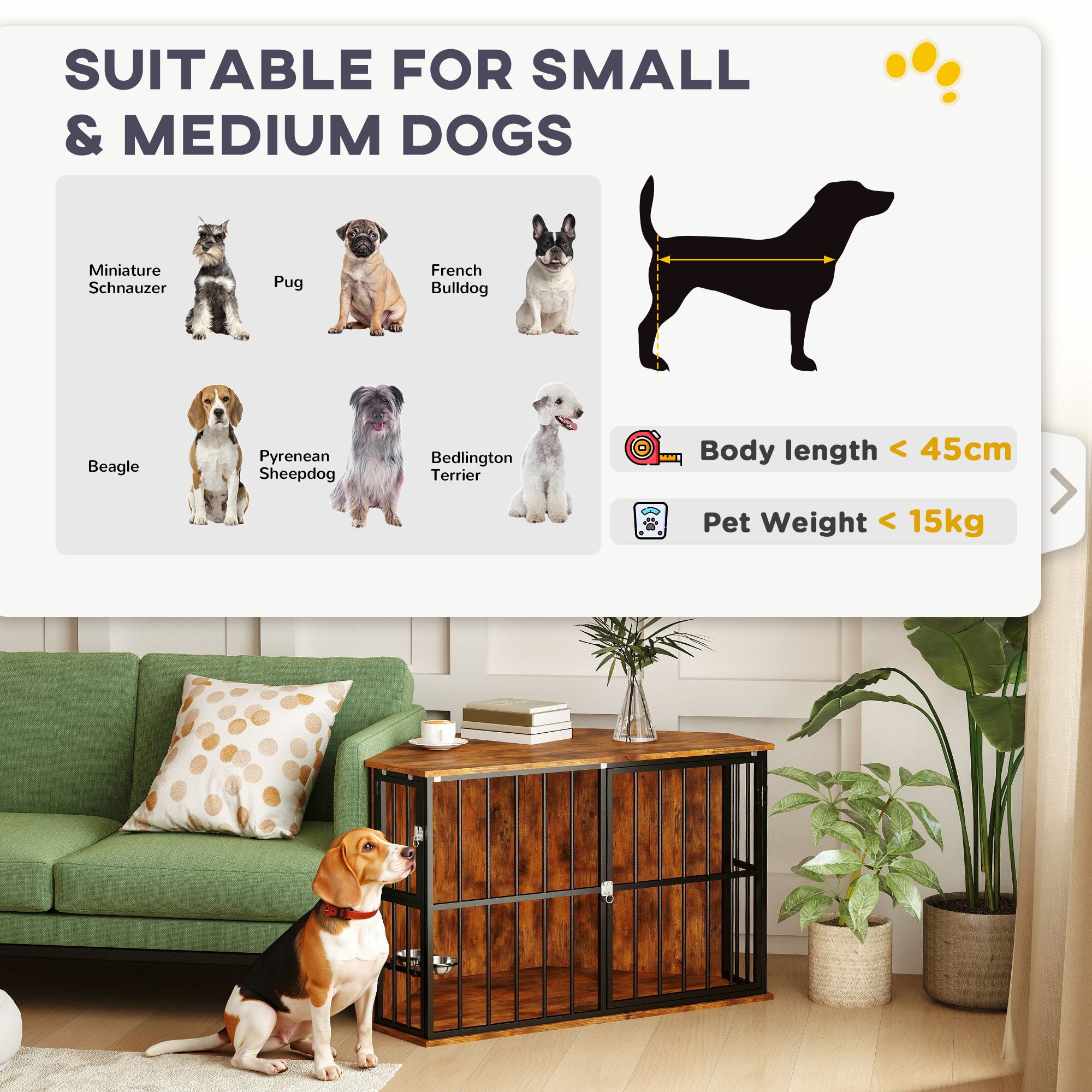 Corner Dog Crate Furniture with 2 Bowls, Lockable Doors, for Small Medium Dogs, Rustic Brown