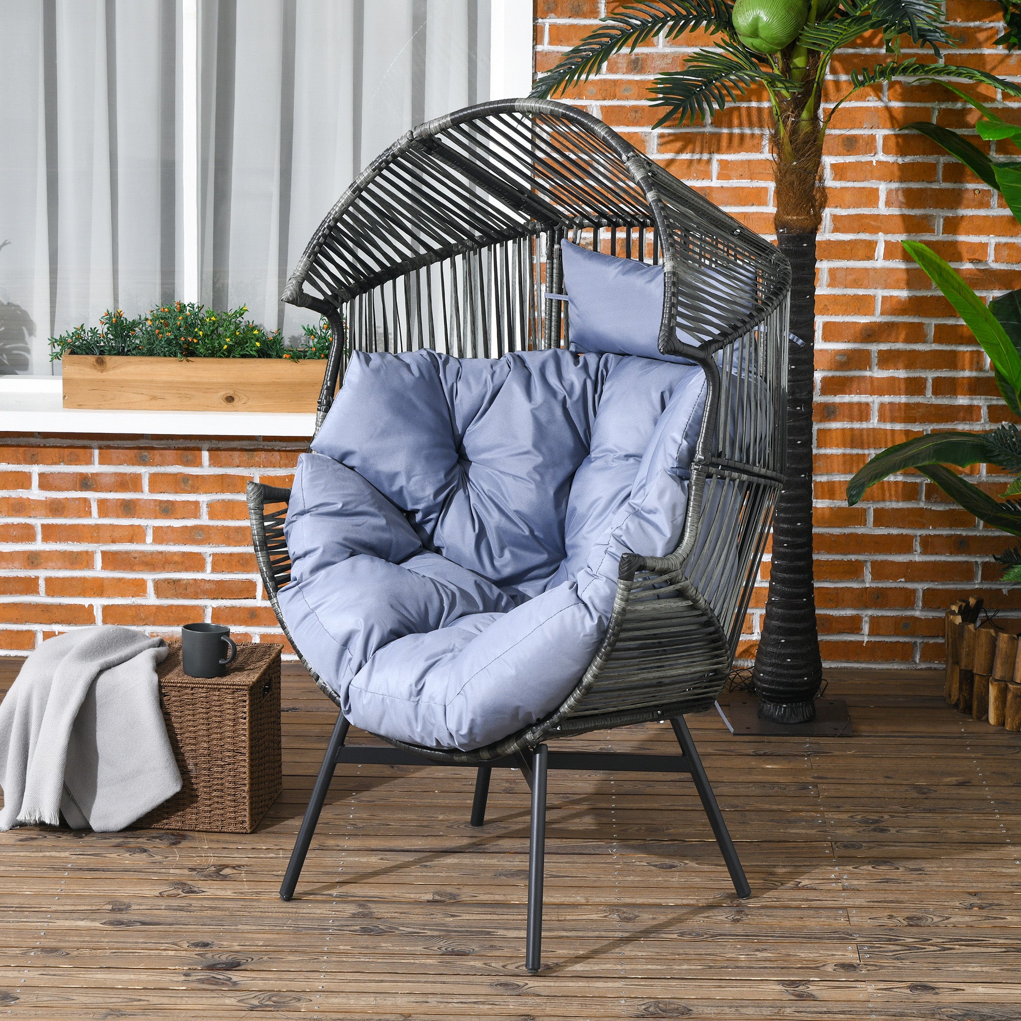 String Rattan Egg Chair, with Padded Seat Cushion - Grey/Black