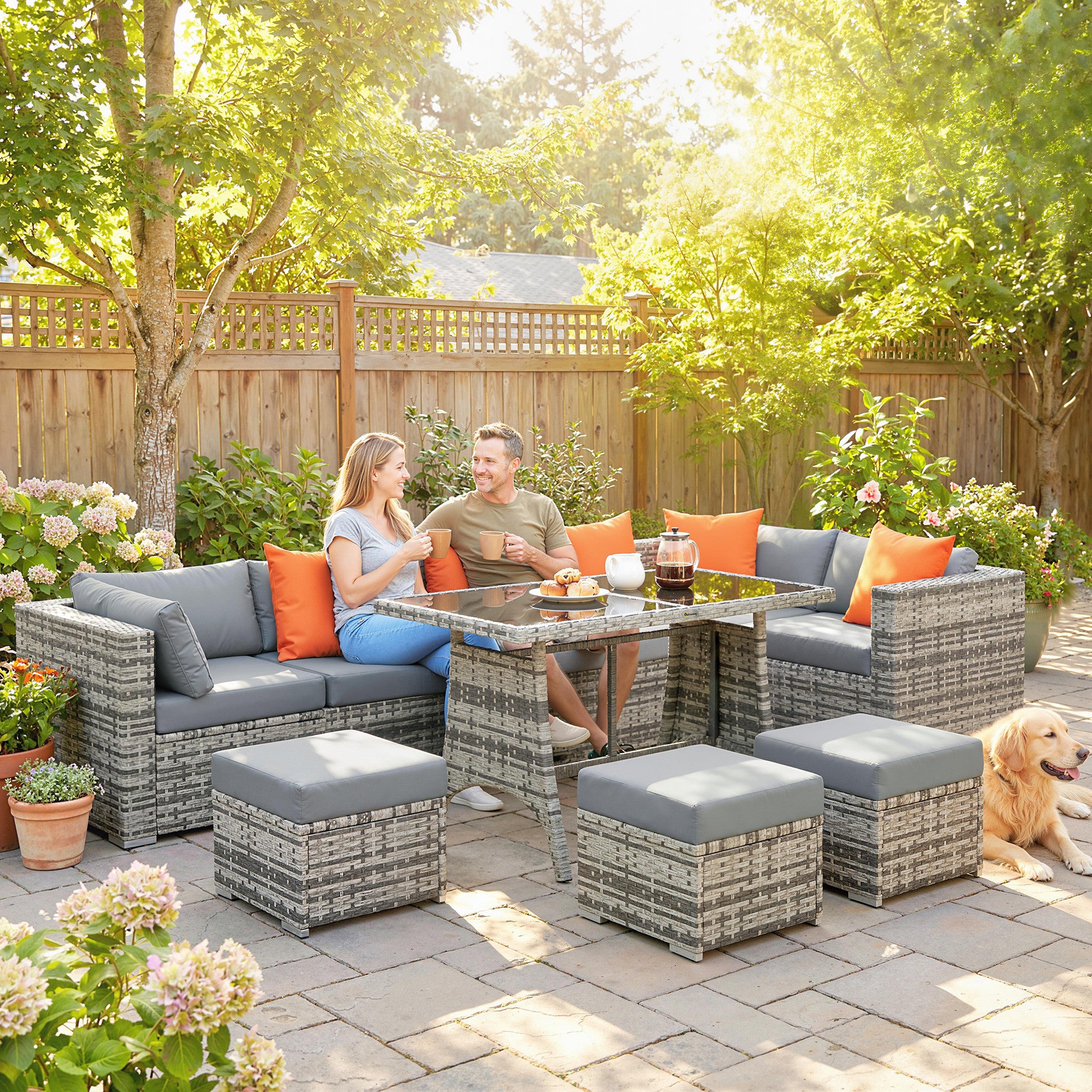 10 Piece Rattan Garden Furniture Set, 3 Corner Sofas with 3 Chairs, 3 Stools and Coffee Table, Outdoor Patio Furniture