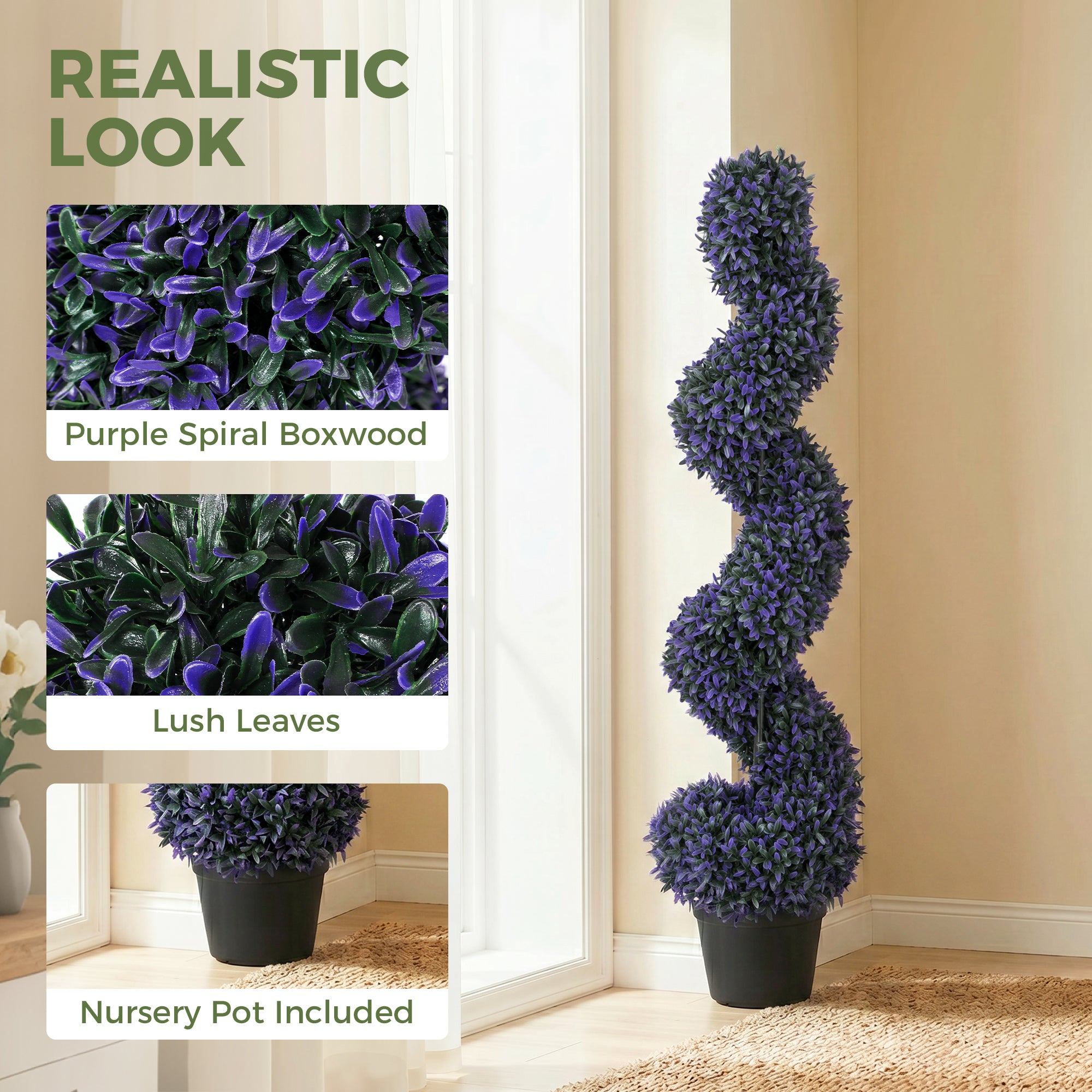 Decorative Artificial Plants Set of 2, UV Resistant Fake Plants in Pot for Indoor Outdoor Decor, 120 cm, Purple