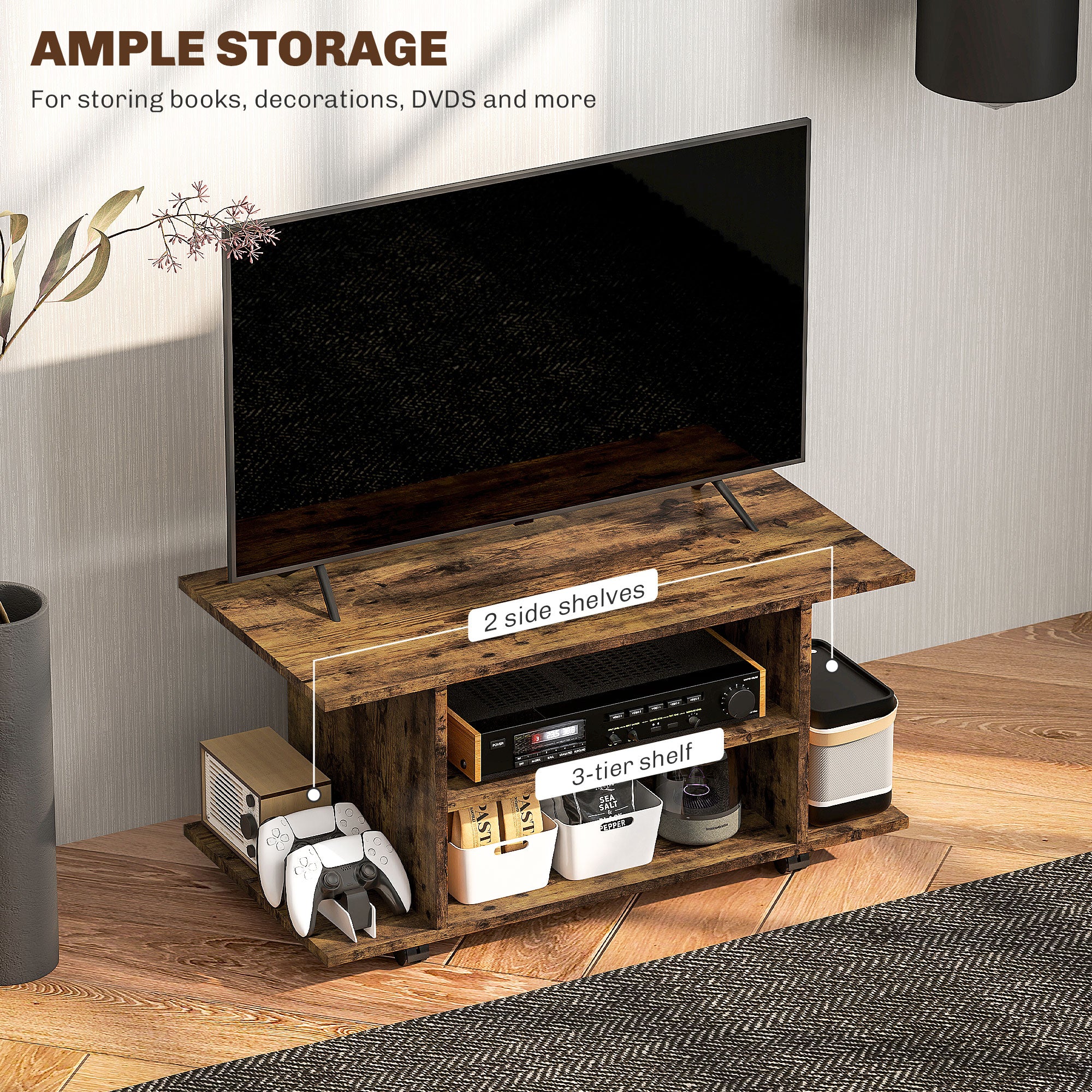 Modern TV Cabinet Stand Storage Shelves Table Mobile Bedroom Furniture Bookshelf Bookcase Rustic Brown