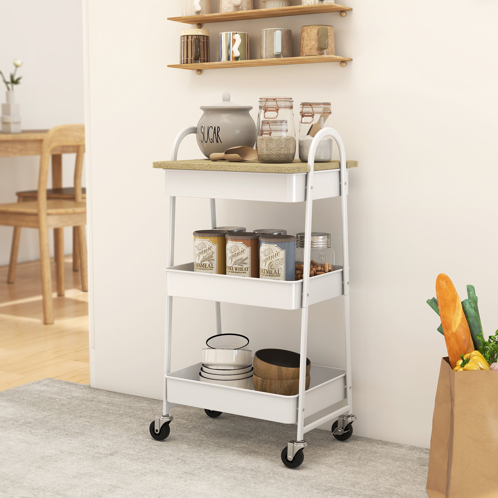 3-Tier Kitchen Storage Trolley with on Wheels Cover Top Board - White and Oak